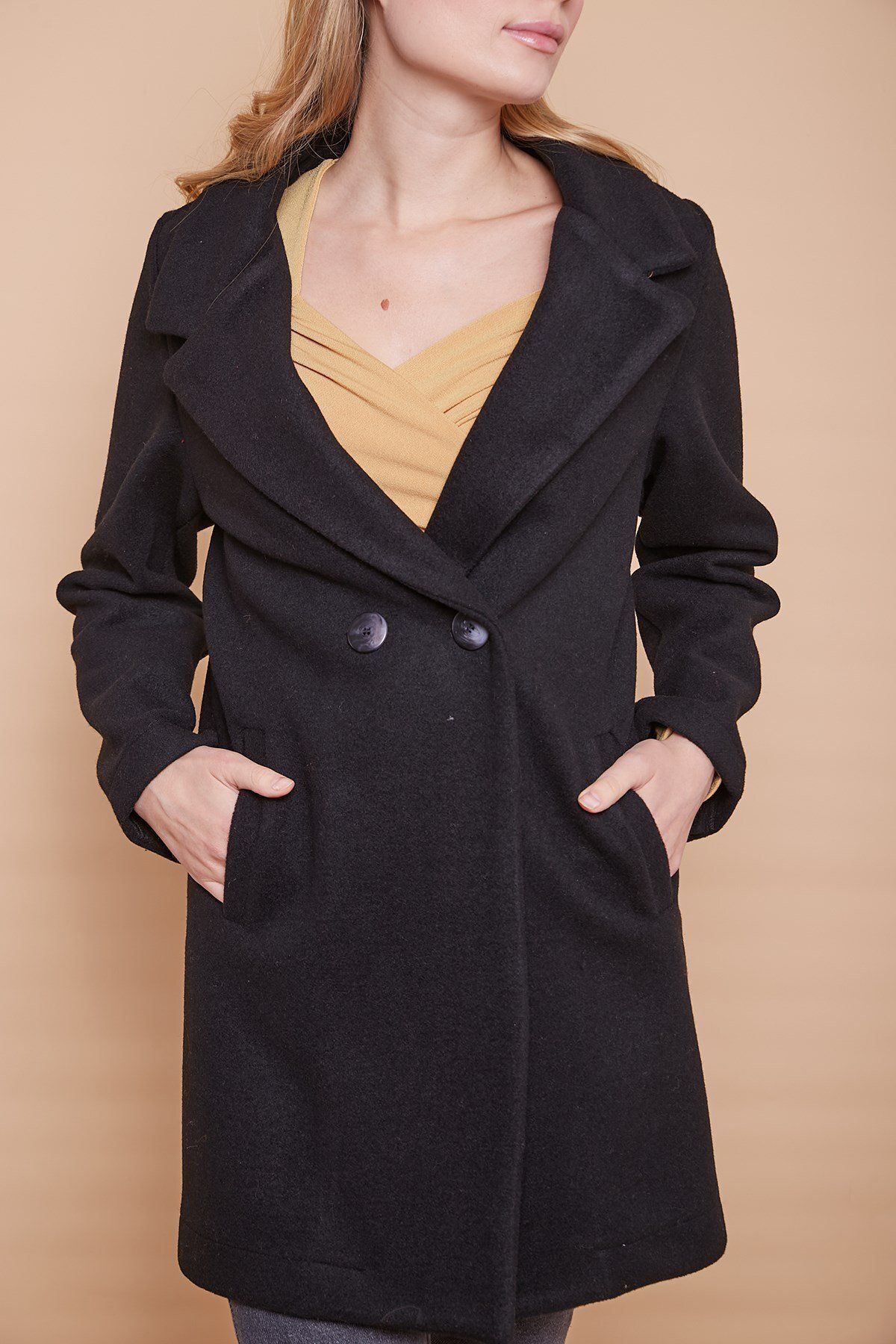 Jument-Stitched Collar, Flat Pocket, Slits on the Back and Sleeves, Buttons Above the Knee Coat - black 6