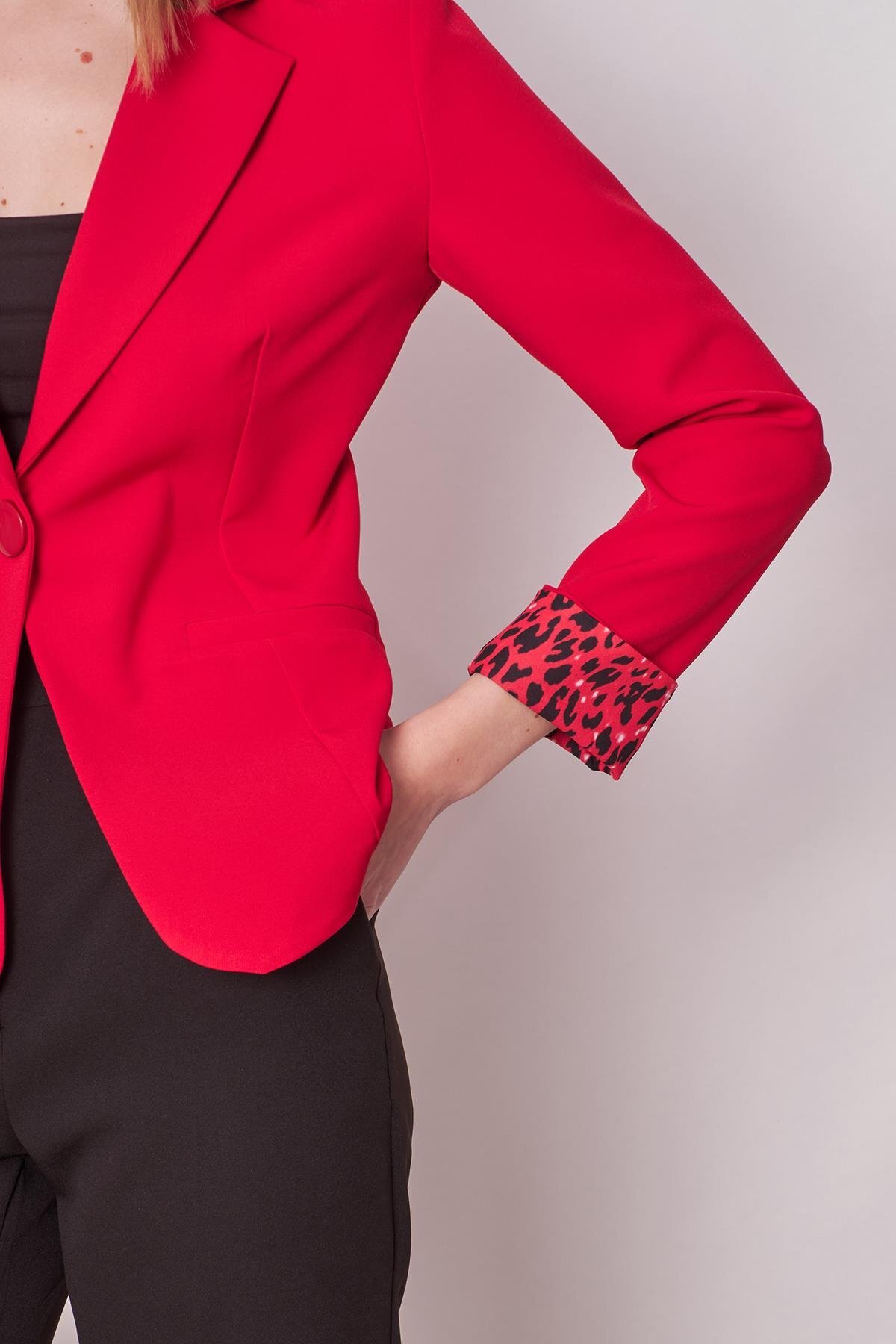 Jument  Yakalı Flato Cepli Kolu Duble Uzun Kol Ofis Şık Blazer Kumaş Ceket -Kırmızı - Görsel 6