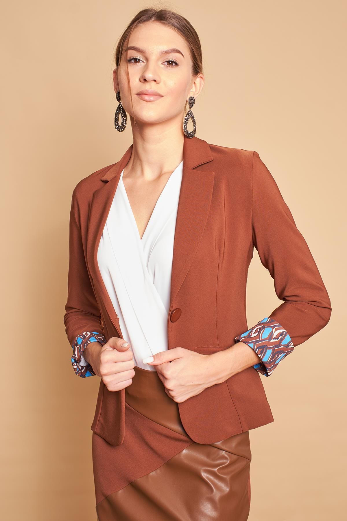 Jument-Collared Flato Pocket Double Long Sleeve Office Stylish Blazer Fabric Jacket - Dark Tan 3