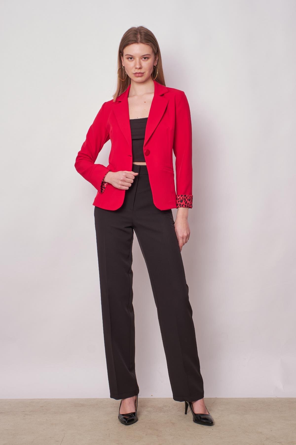 Jument  Yakalı Flato Cepli Kolu Duble Uzun Kol Ofis Şık Blazer Kumaş Ceket -Kırmızı - Görsel 3