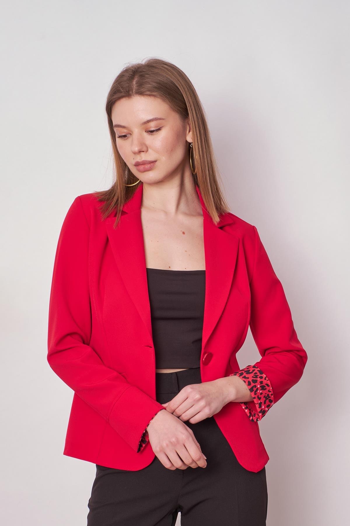 Jument  Yakalı Flato Cepli Kolu Duble Uzun Kol Ofis Şık Blazer Kumaş Ceket -Kırmızı - Görsel 5