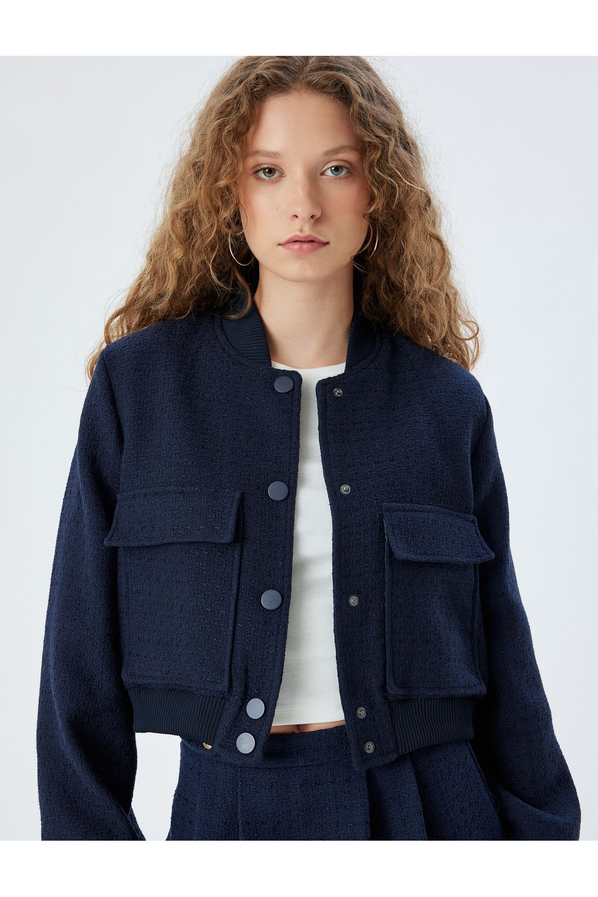 Koton-Tweed Bomber Jacket - Round Neck and Buttoned Pocket Detail 2