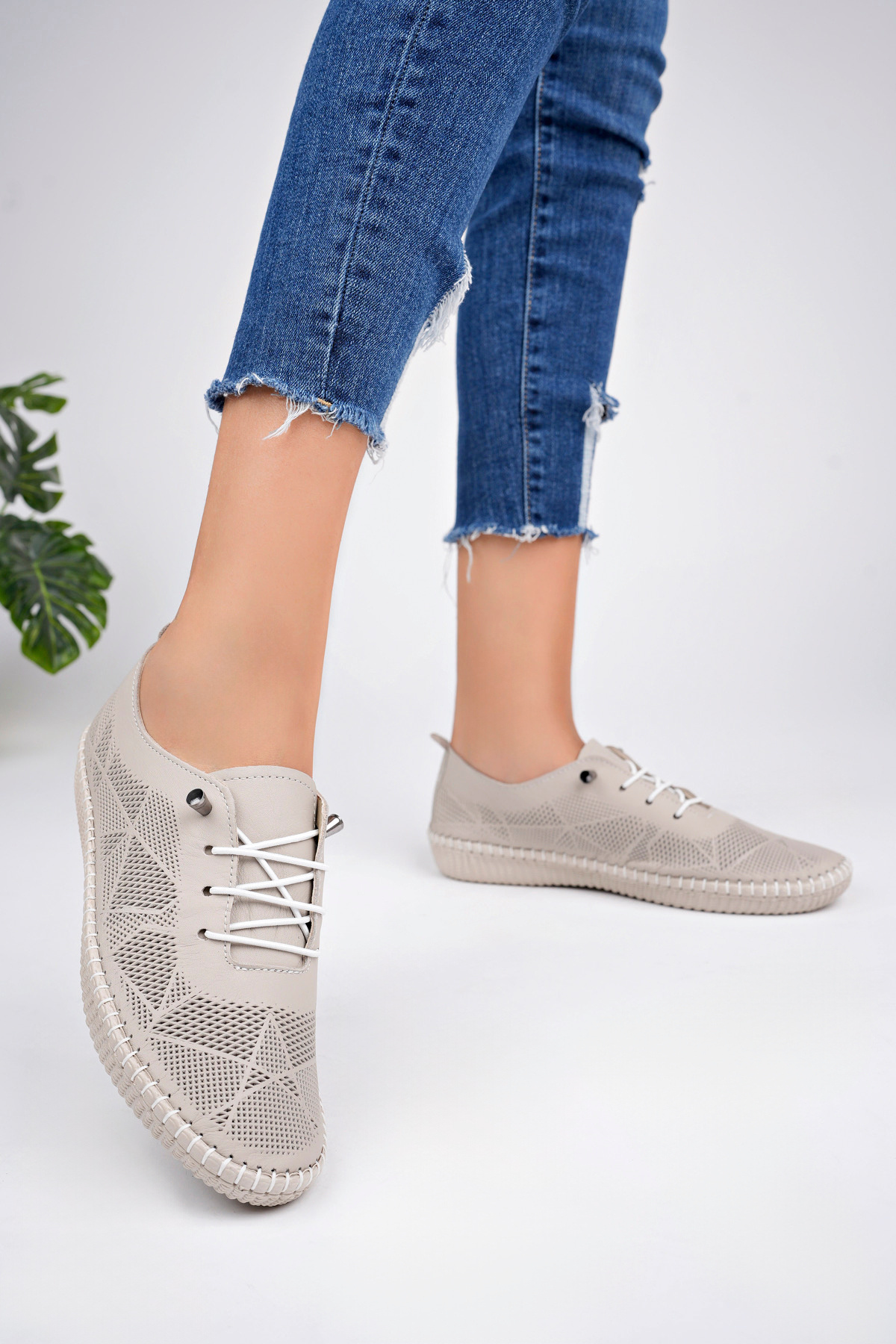 Deripabuc Hakiki Deri Silver Baskı Kadın Casual Deri Ayakkabı Dp62-8001