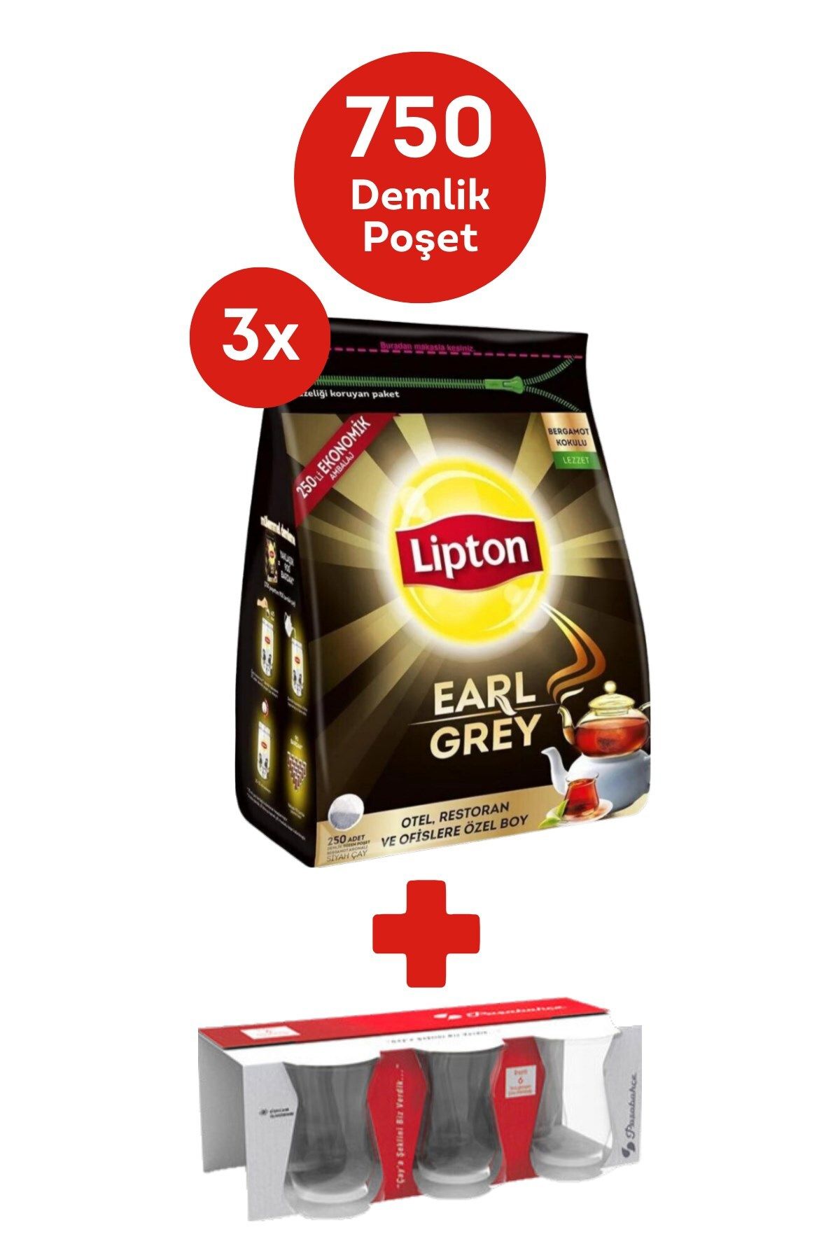 Lipton Earl Grey Demlik Poşet Çay 250li x 3 Adet + Hediye Paşabahce Çay Bardağı 6lı