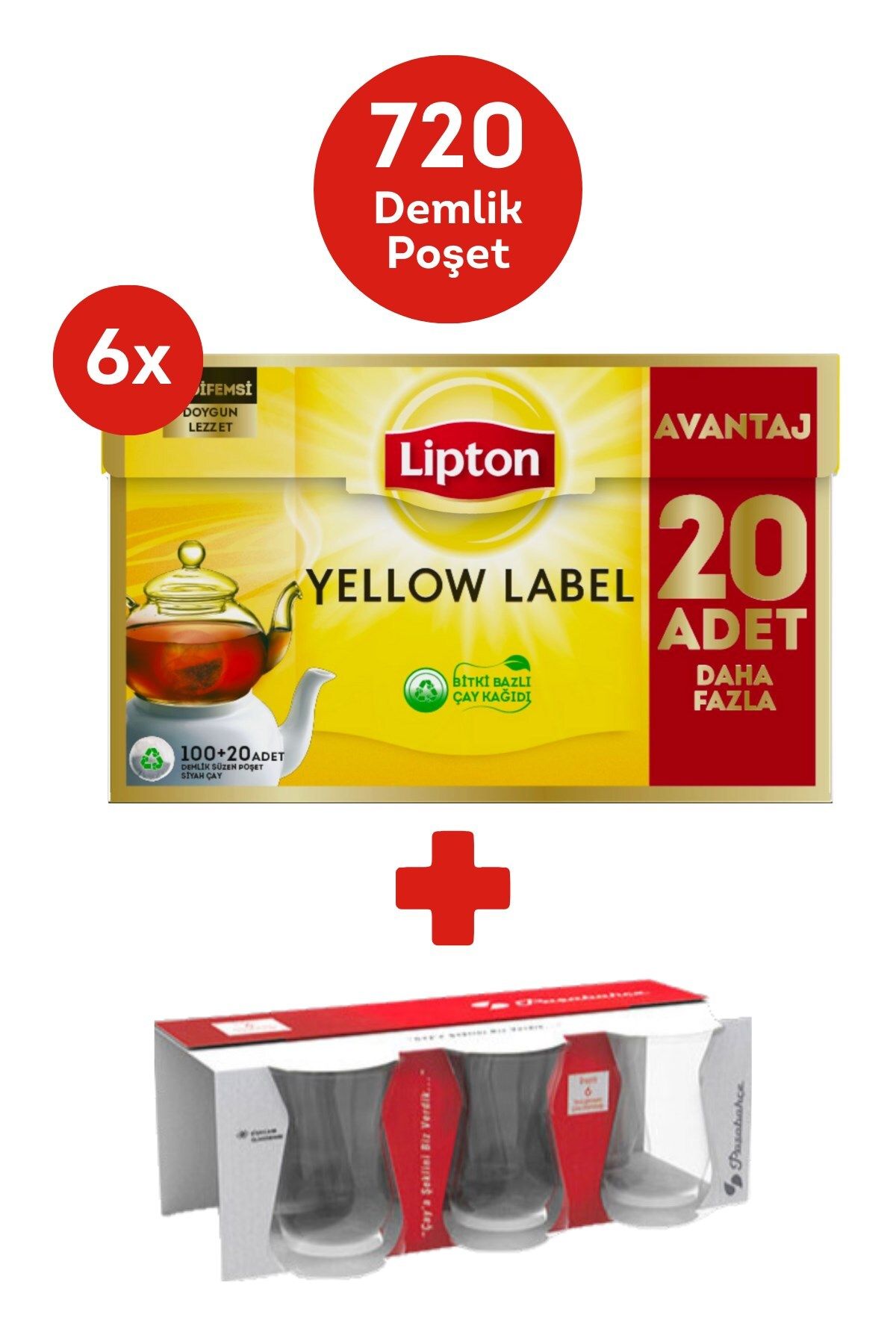 Lipton Yellow Label Demlik Poşet Çay 120li x 6 Adet + Hediye Paşabahce Çay Bardağı 6lı