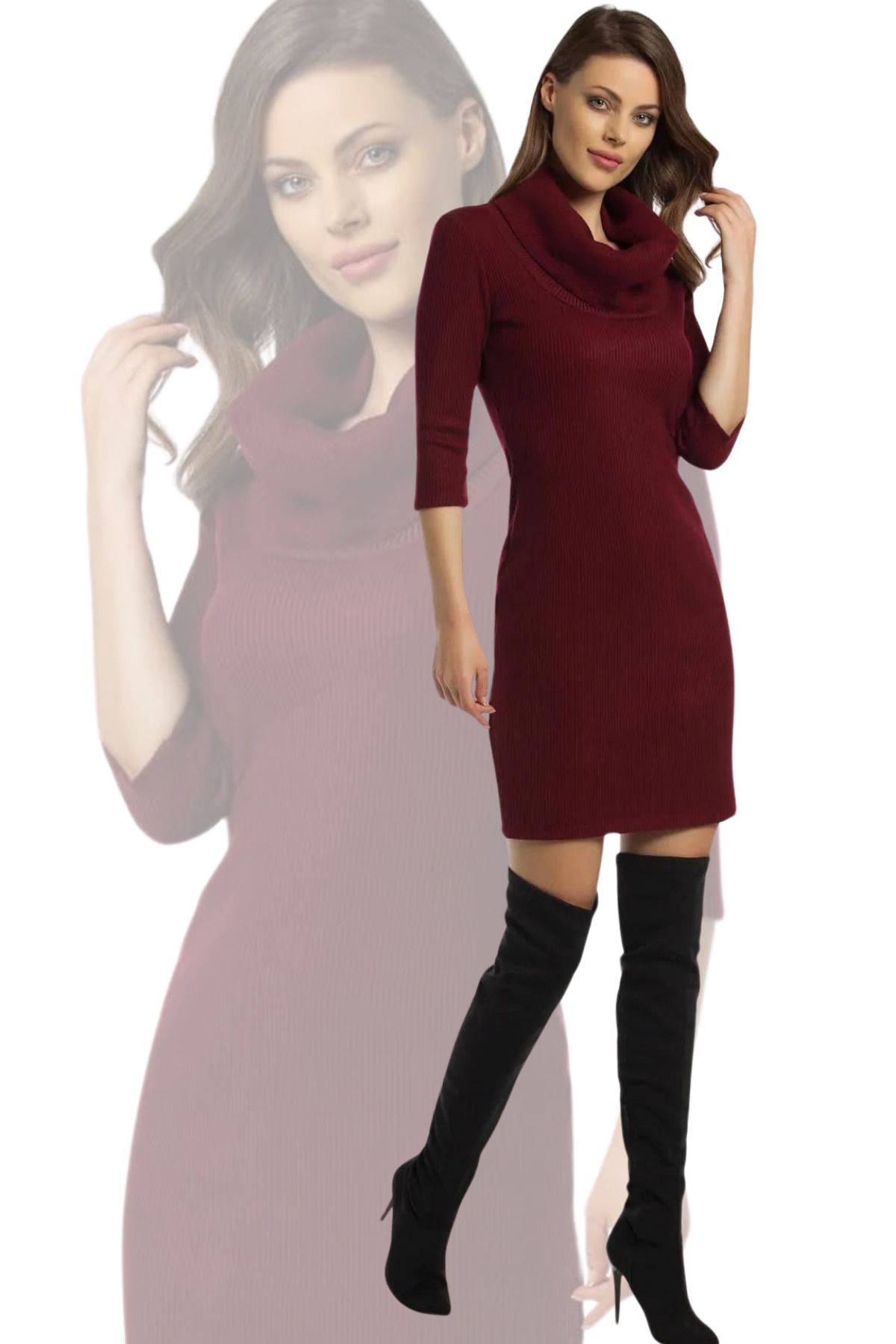 Laranor-Rochie de damă bordeaux cu guler vertical cu detaliu camisole 19l6464 4
