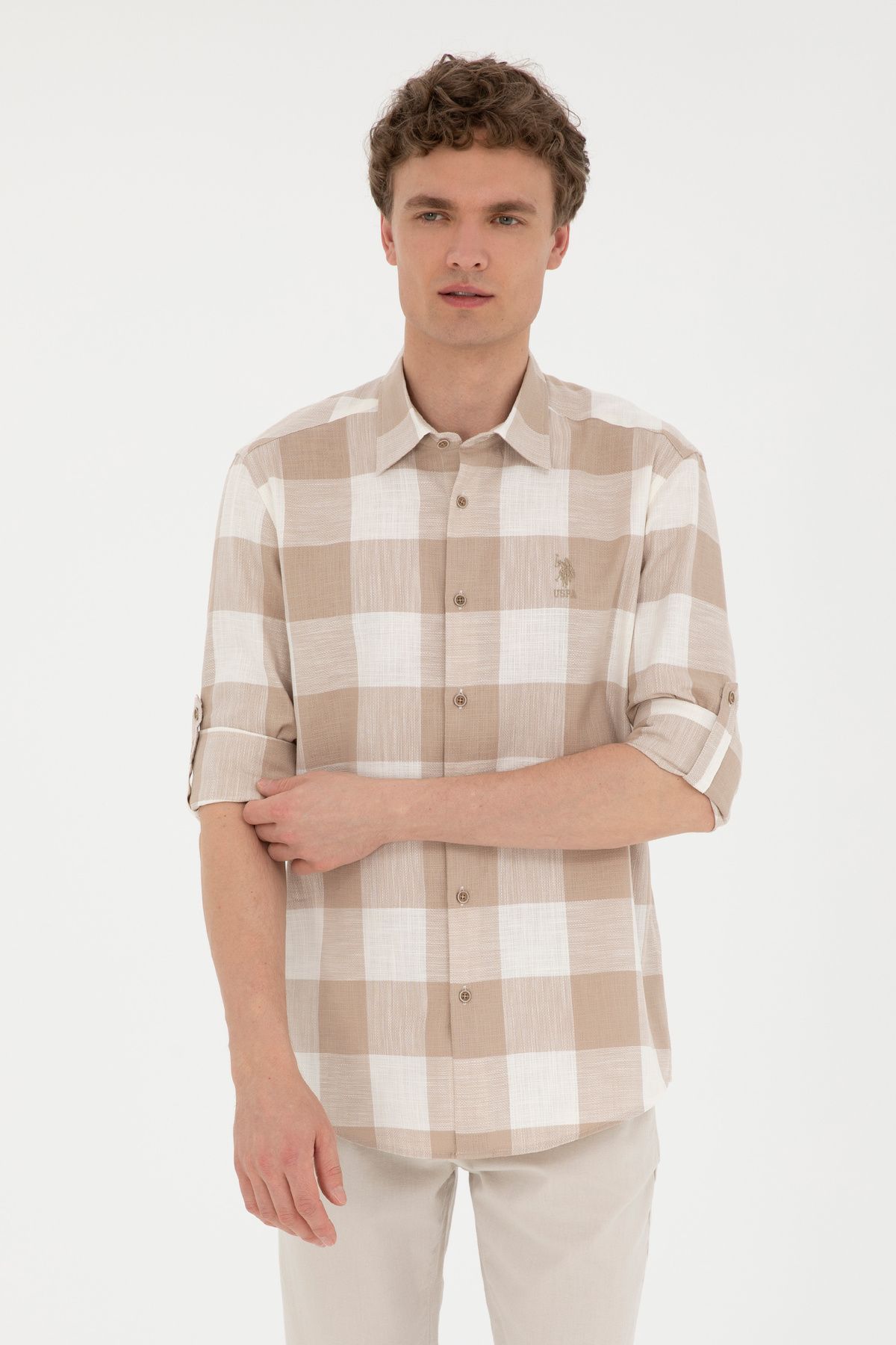پیراهن آستین بلند مردانه خاکی 50283363-VR027 U.S. Polo Assn.