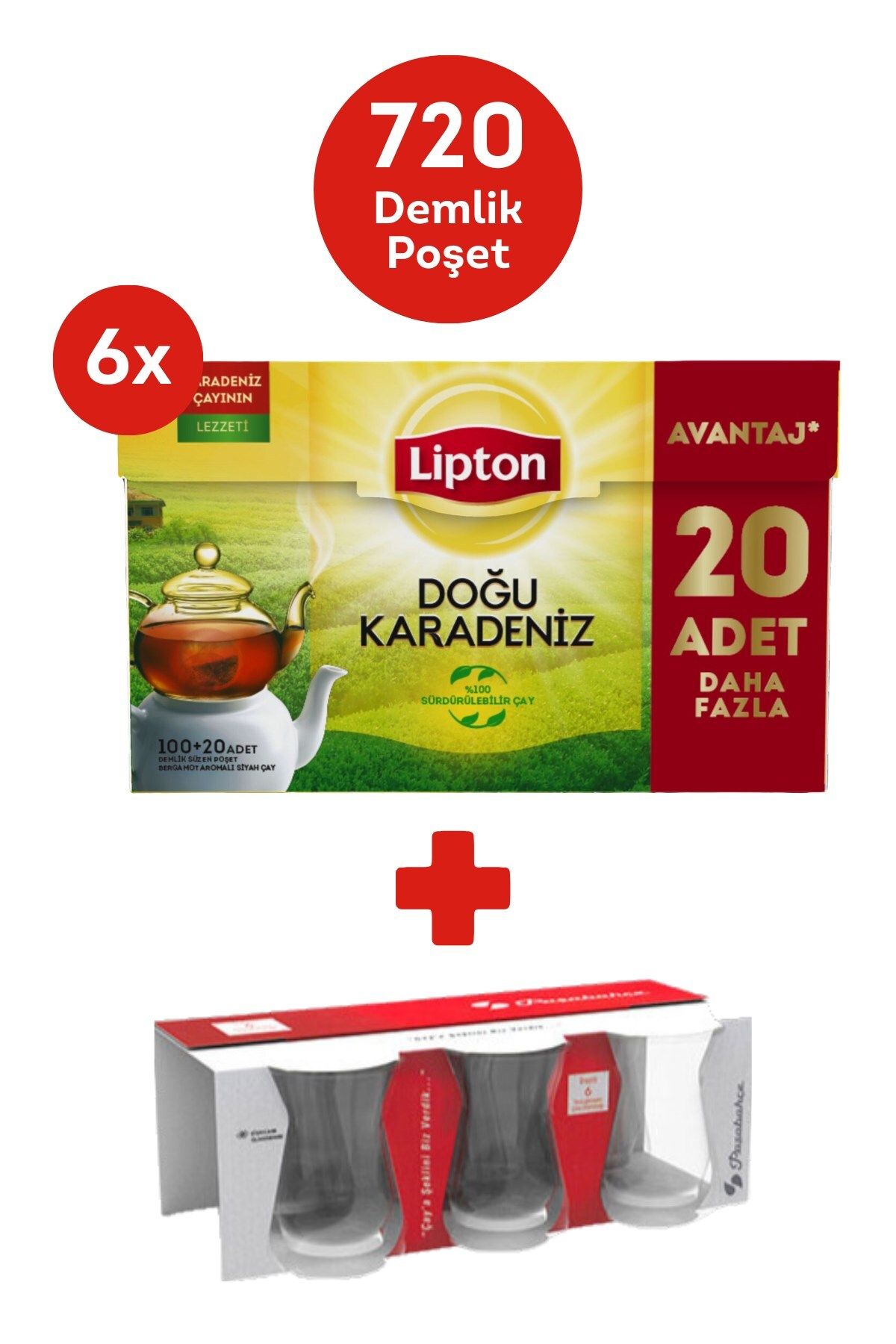 Lipton Doğu Karadeniz Bergamot Aromalı Demlik Poşet Çay 120li x 6 + Hediye Paşabahce Çay Bardağı 6lı