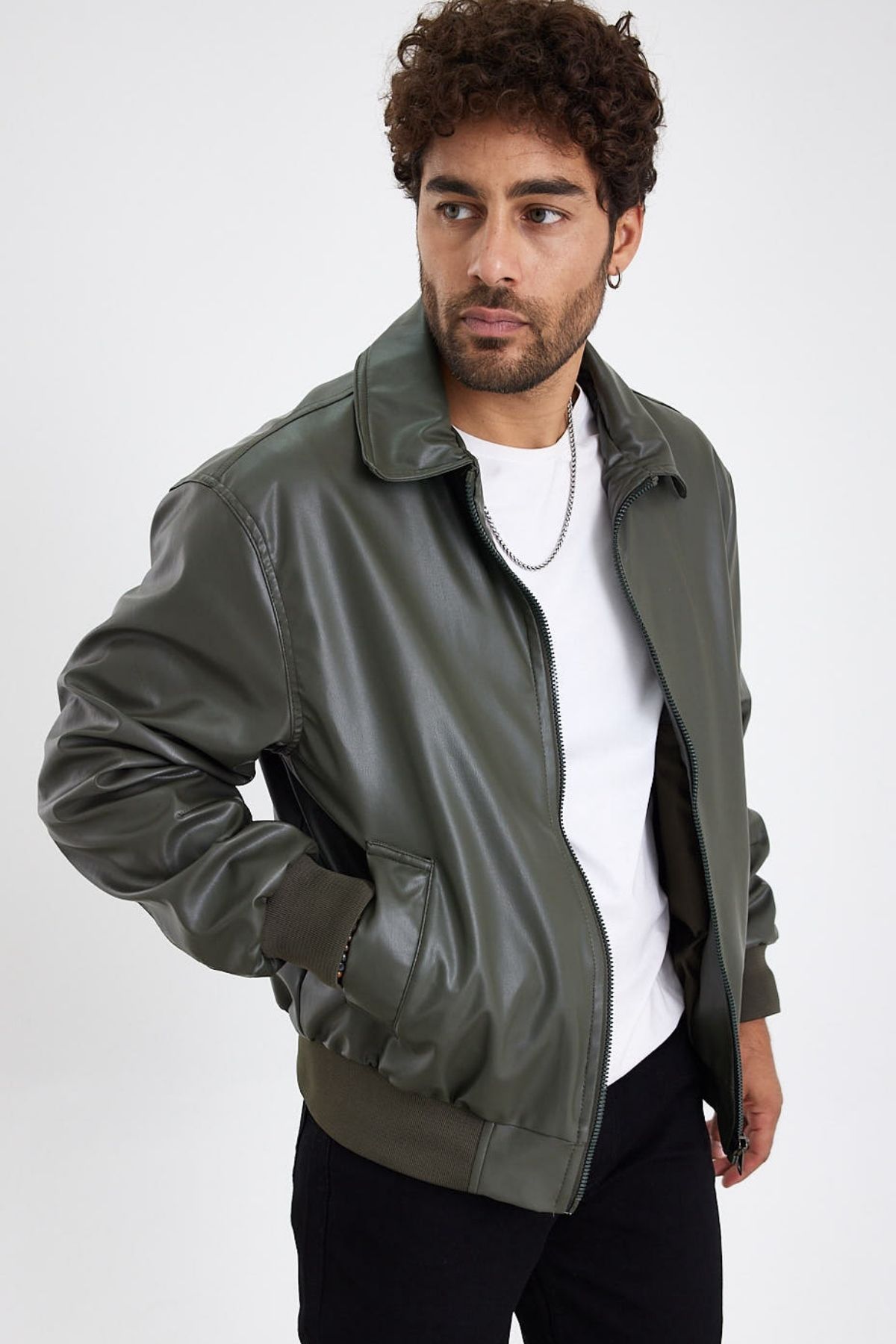 MADZEYMODA-New Season Men's Khaki Green Leather Coat Mz58529 5