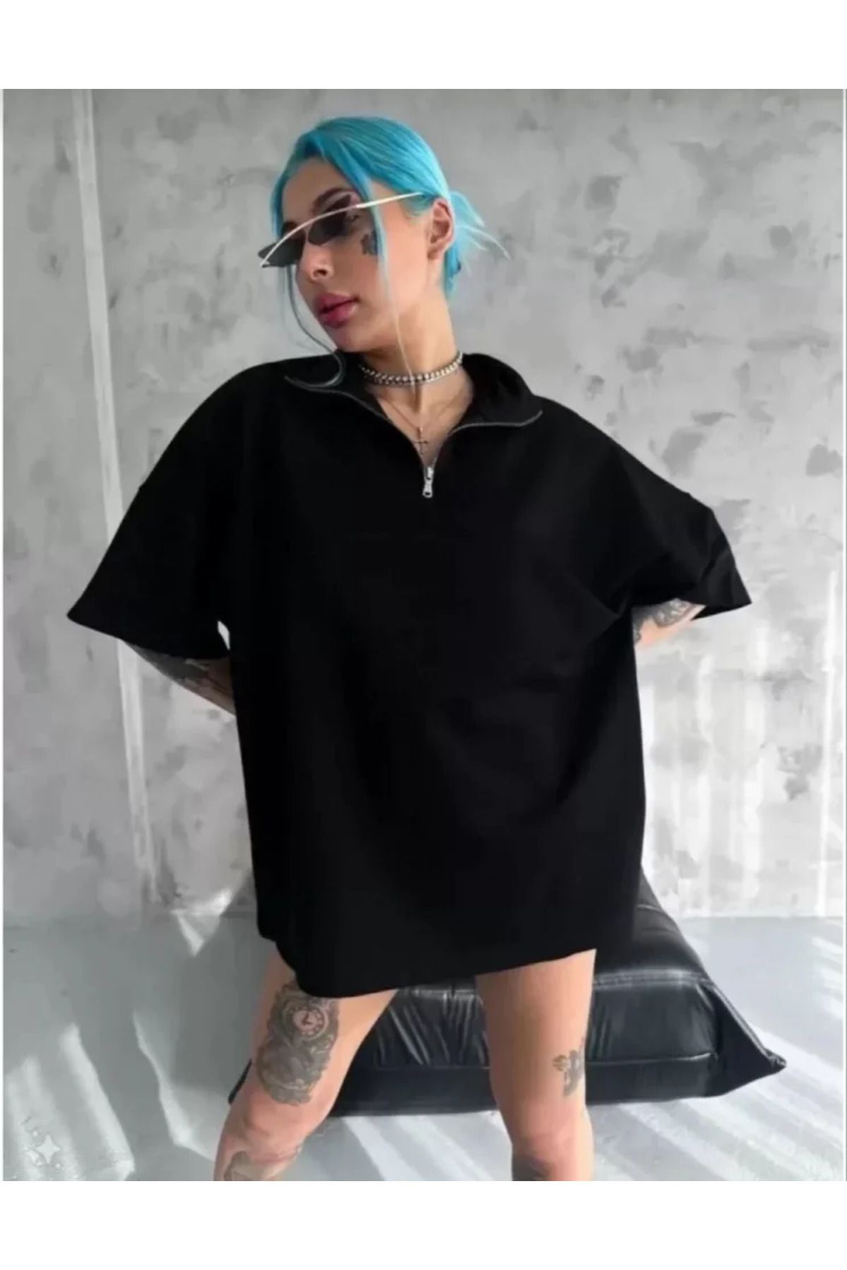 ATOM84 Unisex Yarım Fermuarlı Düz Oversize T-Shirt - Siyah