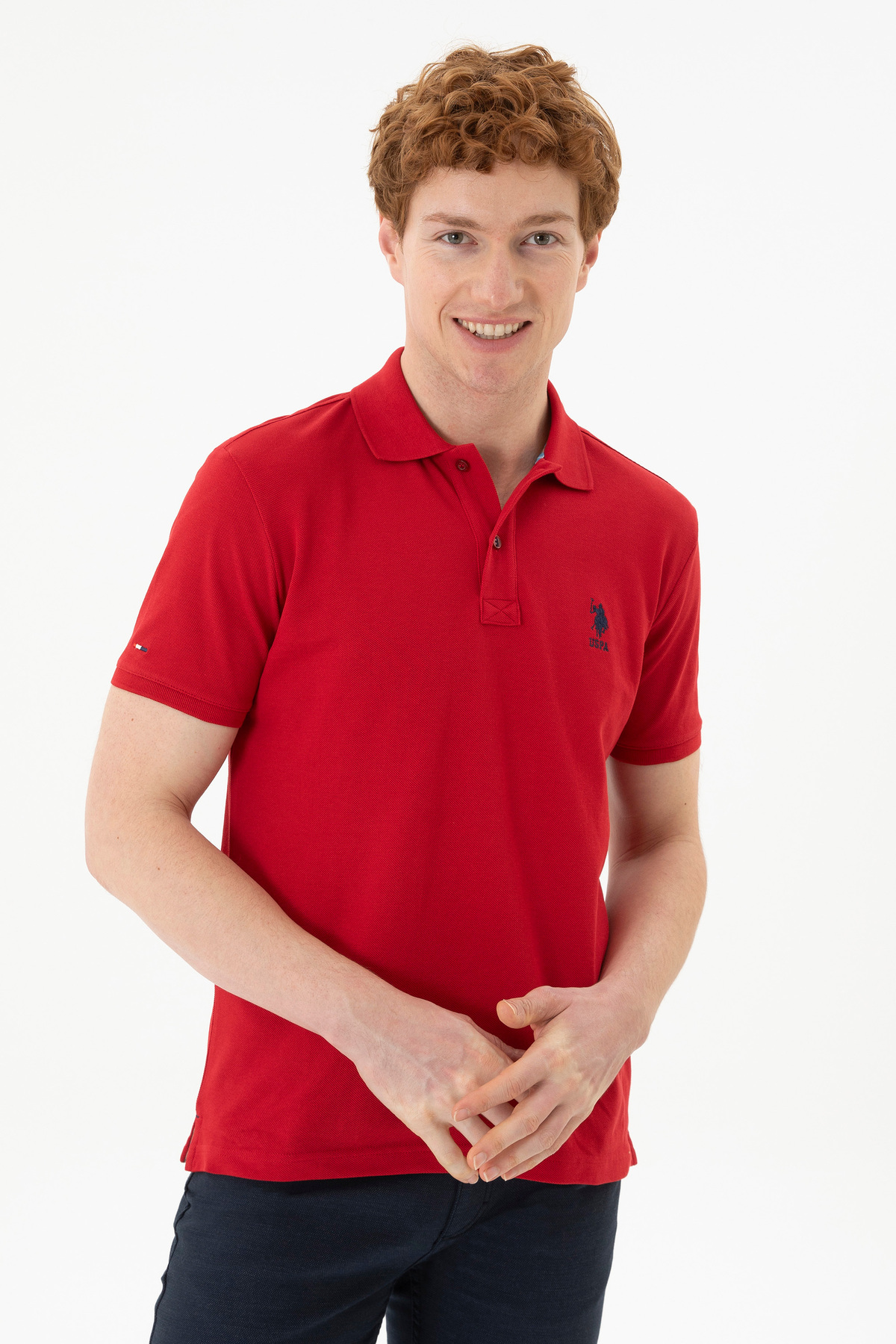 تی شرت مردانه یقه پولو اسلیم فیت قرمز طرح بیسیک برند یو اس پولو کد:(50279613-VR171) U.S. Polo Assn.