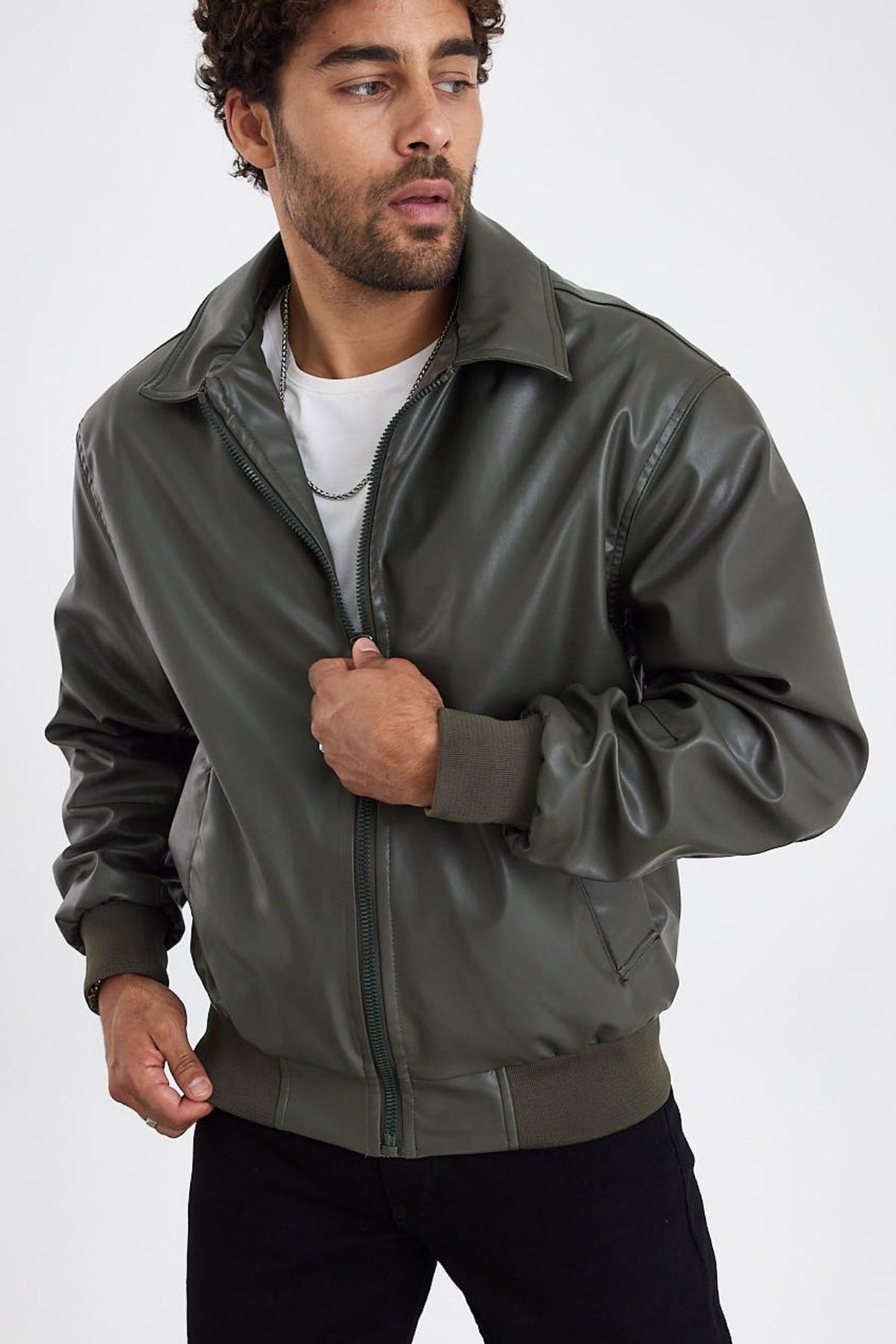 MADZEYMODA-New Season Men's Khaki Green Leather Coat Mz58529 6