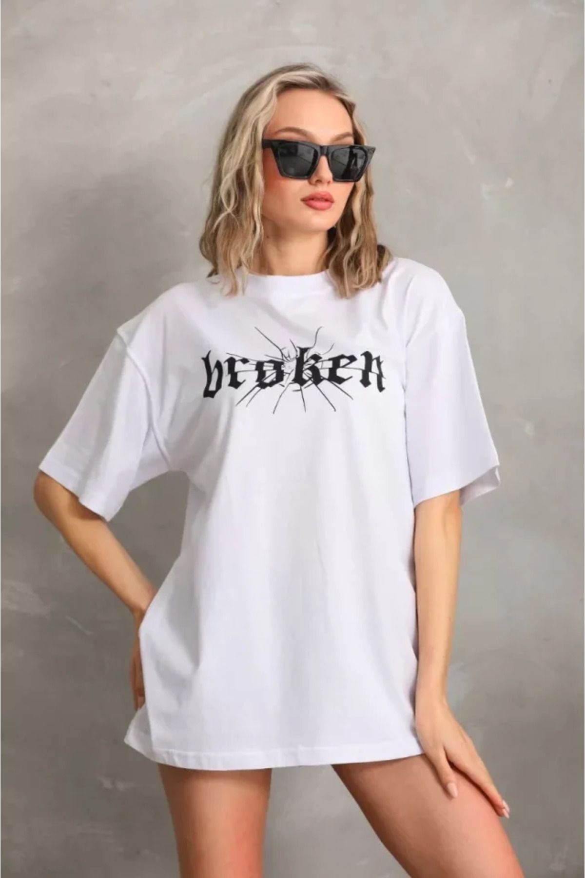 ATOM84 Unisex Baskılı Oversize T-Shirt - Beyaz