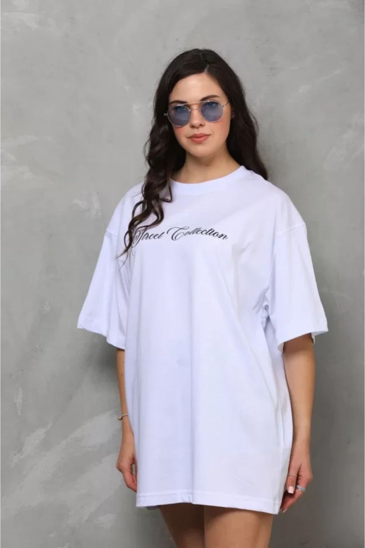 ATOM84 Unisex Bisiklet Yaka Baskılı Oversize T-Shirt - Beyaz