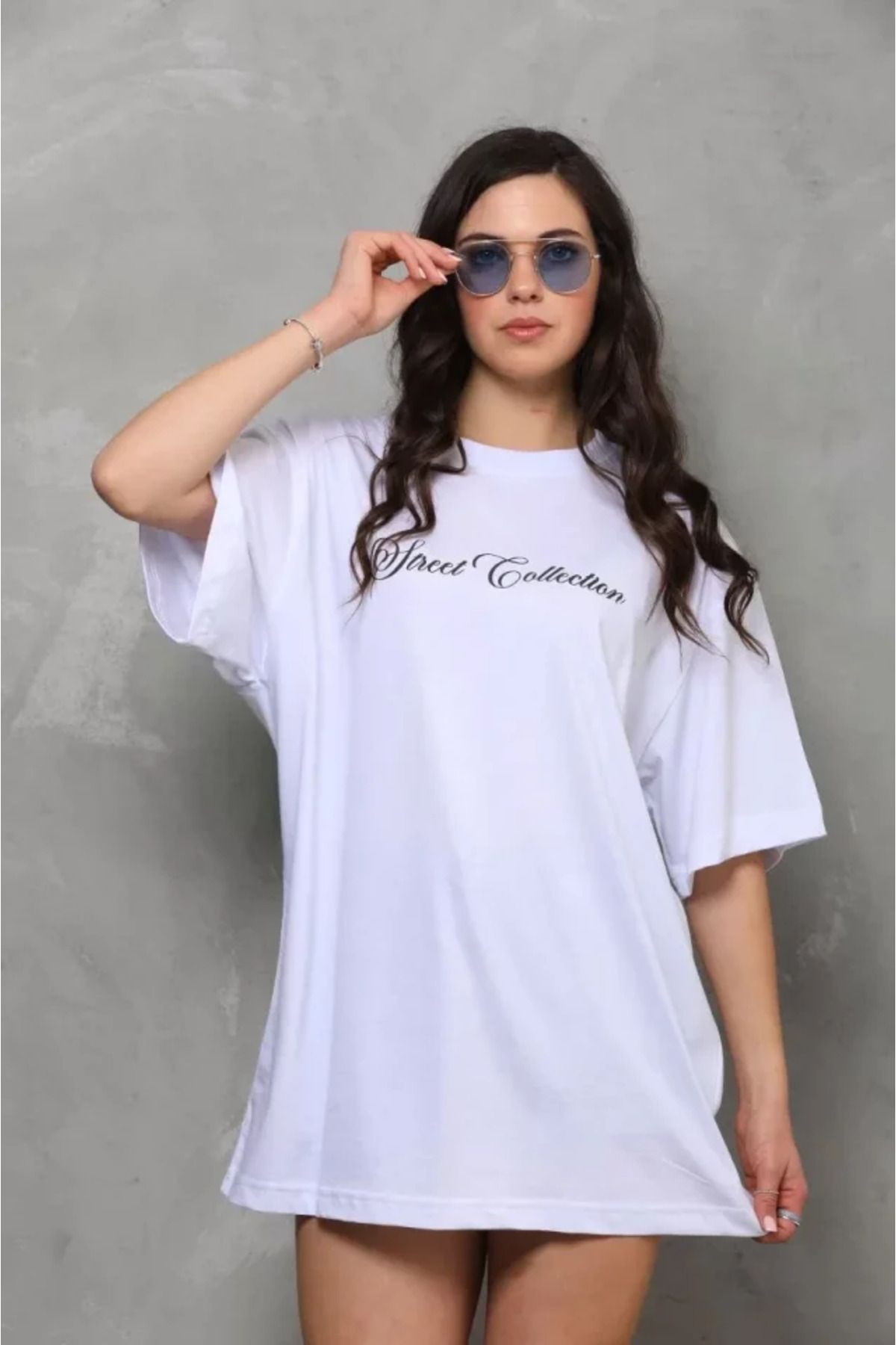Albayrak Unisex Bisiklet Yaka Baskılı Oversize T-Shirt - Beyaz