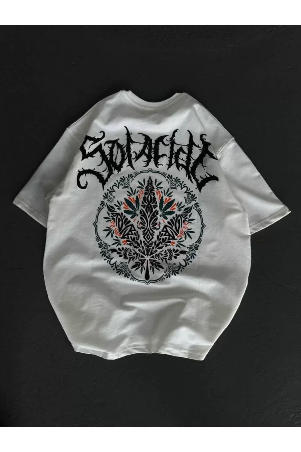 Albayrak Unisex Bisiklet Yaka Baskılı Oversize T-Shirt - Beyaz