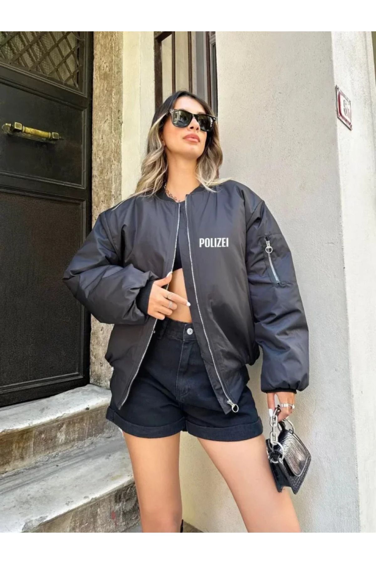 ATOM84 Unisex Uzun Kol Baskılı Bomber Ceket - Siyah