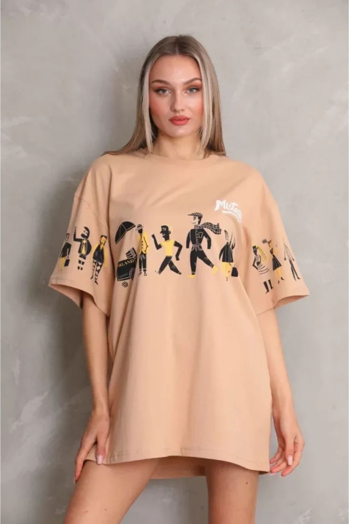 Albayrak Unisex Bisiklet Yaka Baskılı Oversize T-Shirt - Bej