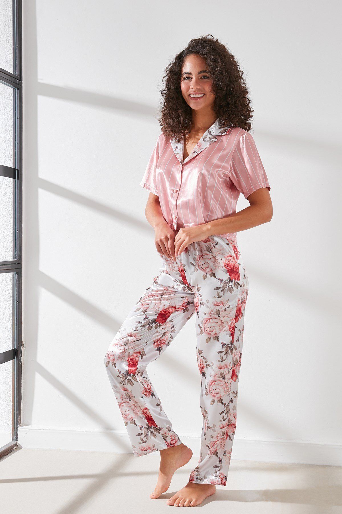 C&City-Set pijama pantaloni de cămașă de damă din satin 9066 roz/ecru 2