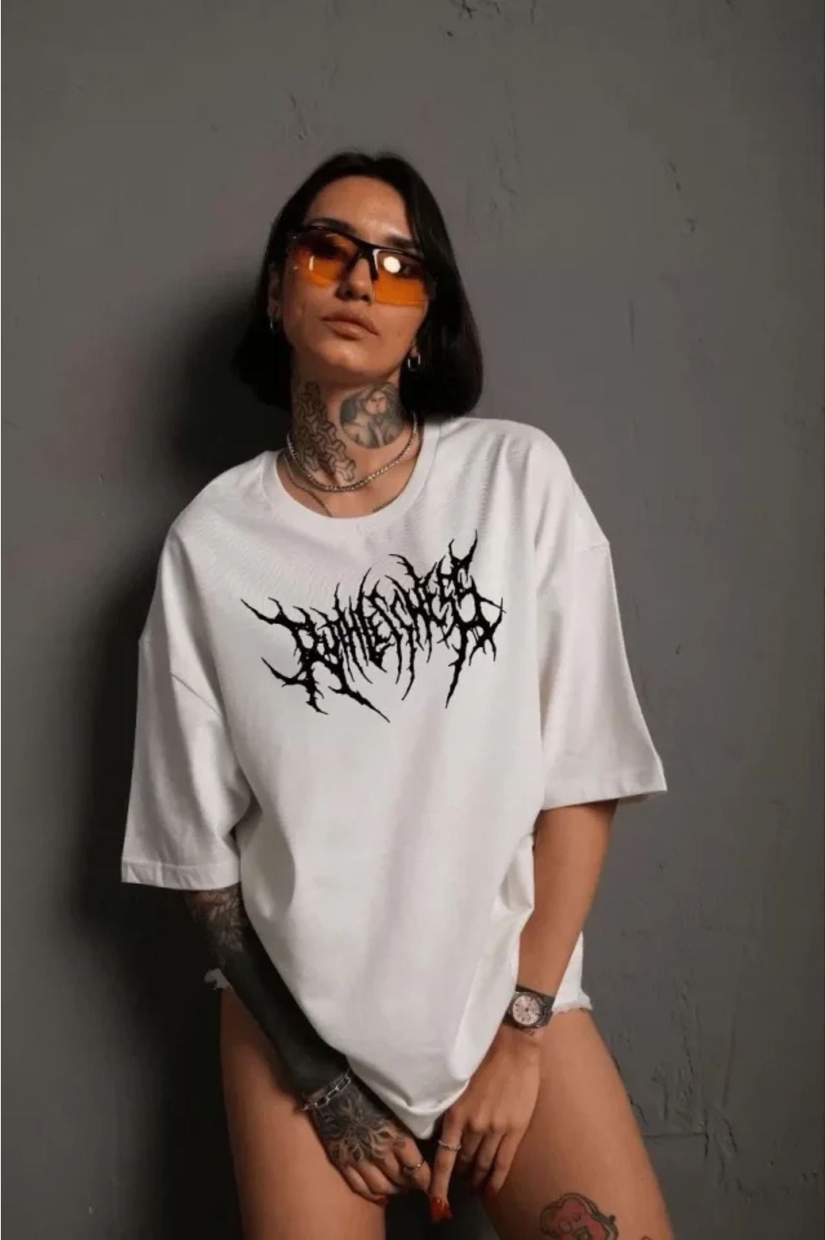 Albayrak Unisex Bisiklet Yaka Baskılı Oversize T-Shirt - Beyaz