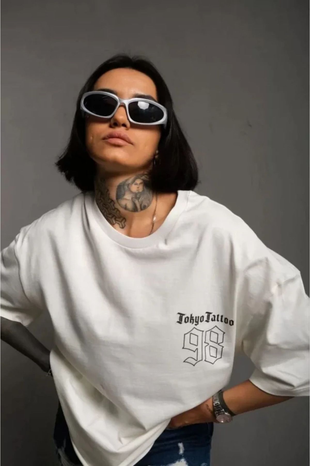 Asap Unisex Bisiklet Yaka Baskılı Oversize T-Shirt - Beyaz