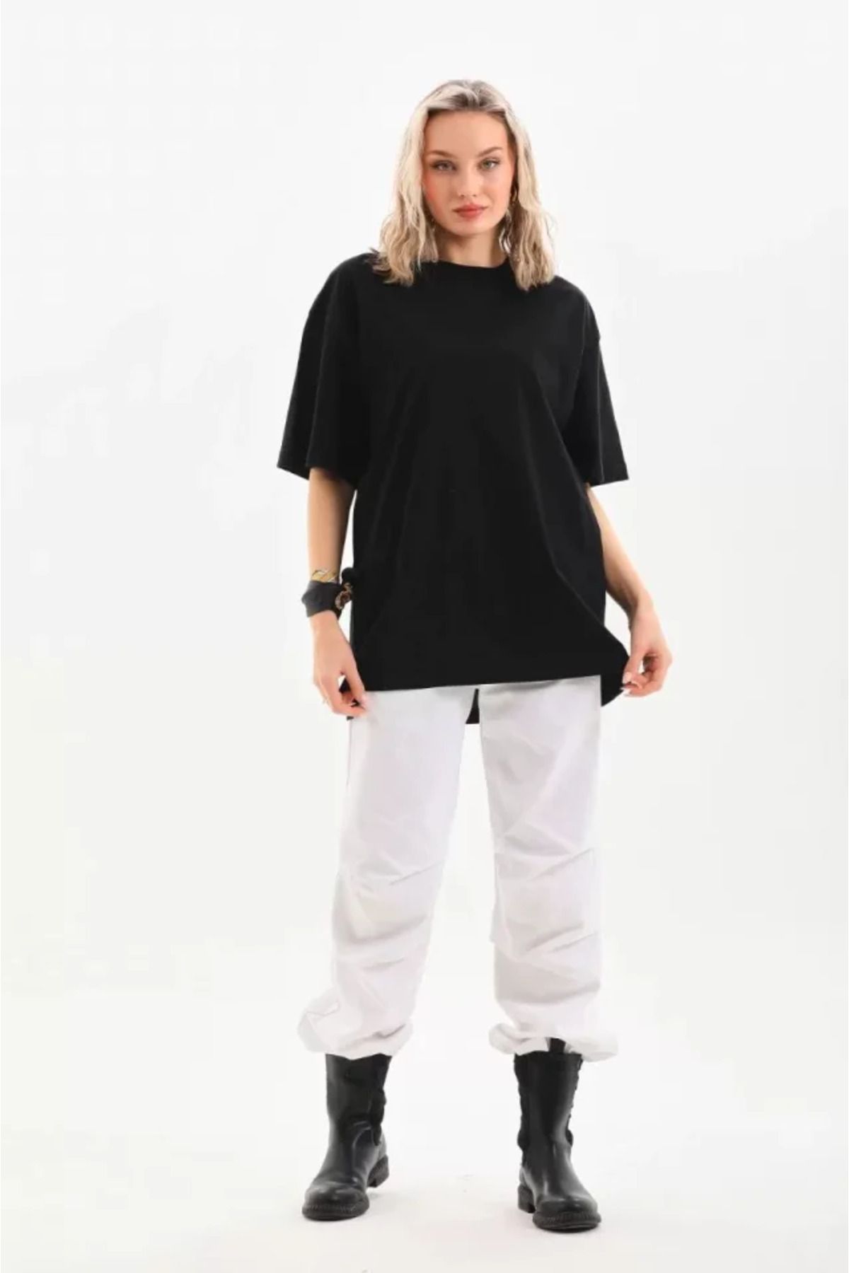 Albayrak Unisex Bisiklet Yaka 20/1 Düz Oversize T-Shirt - Siyah