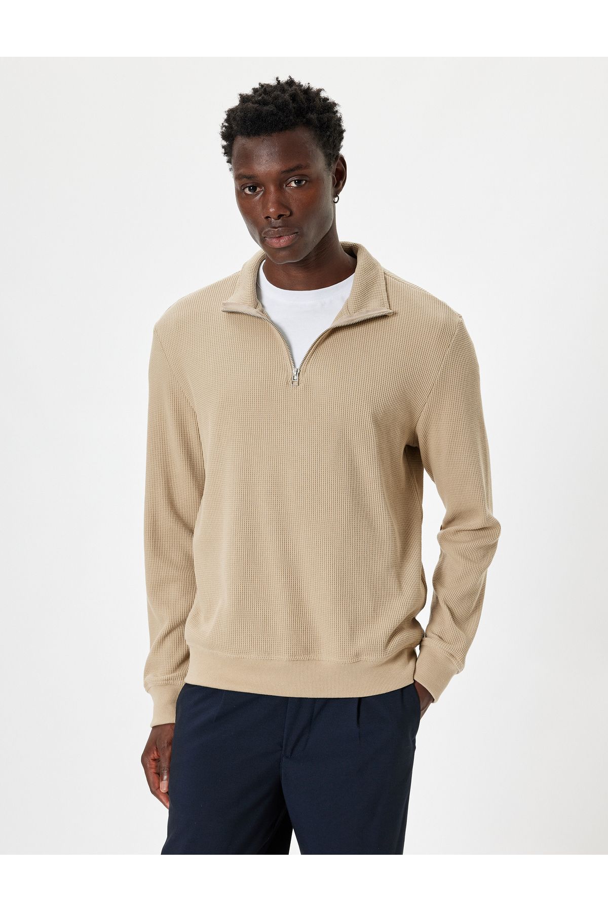 Koton-Half Zippered Stand Collar Cotton Blended Sweater 3