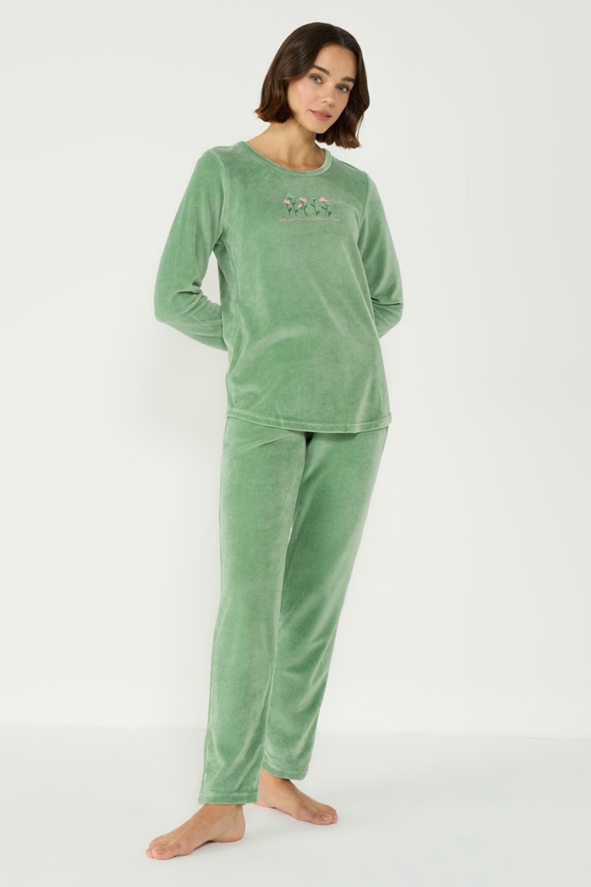 C&City-Grünes Langarm-Samt-Pyjama-Set – Rundhalsausschnitt 403084 1