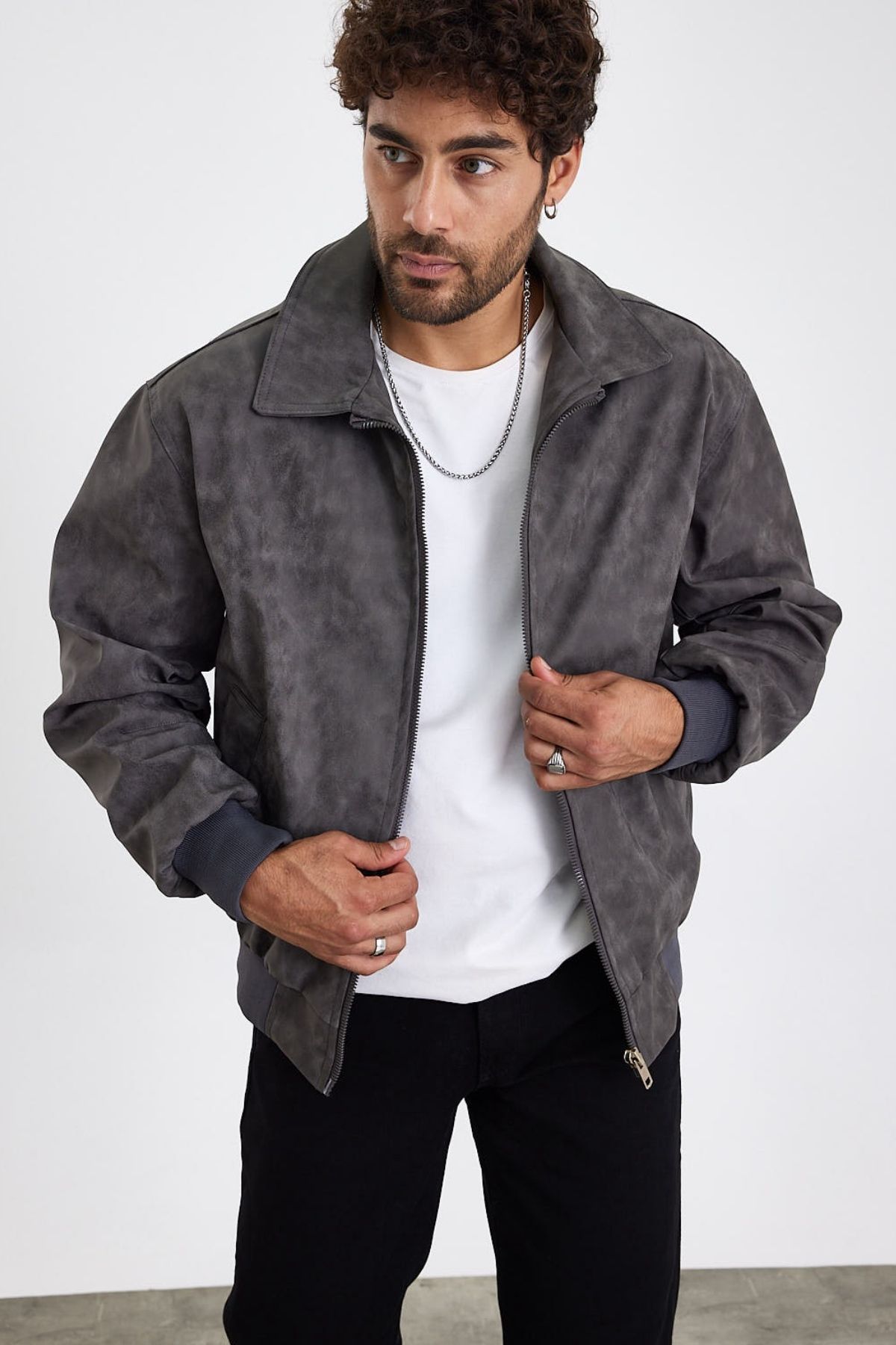MADZEYMODA-New Season Ανδρικό πλυμένο γκρι δερμάτινο παλτό LNS58529Y 6