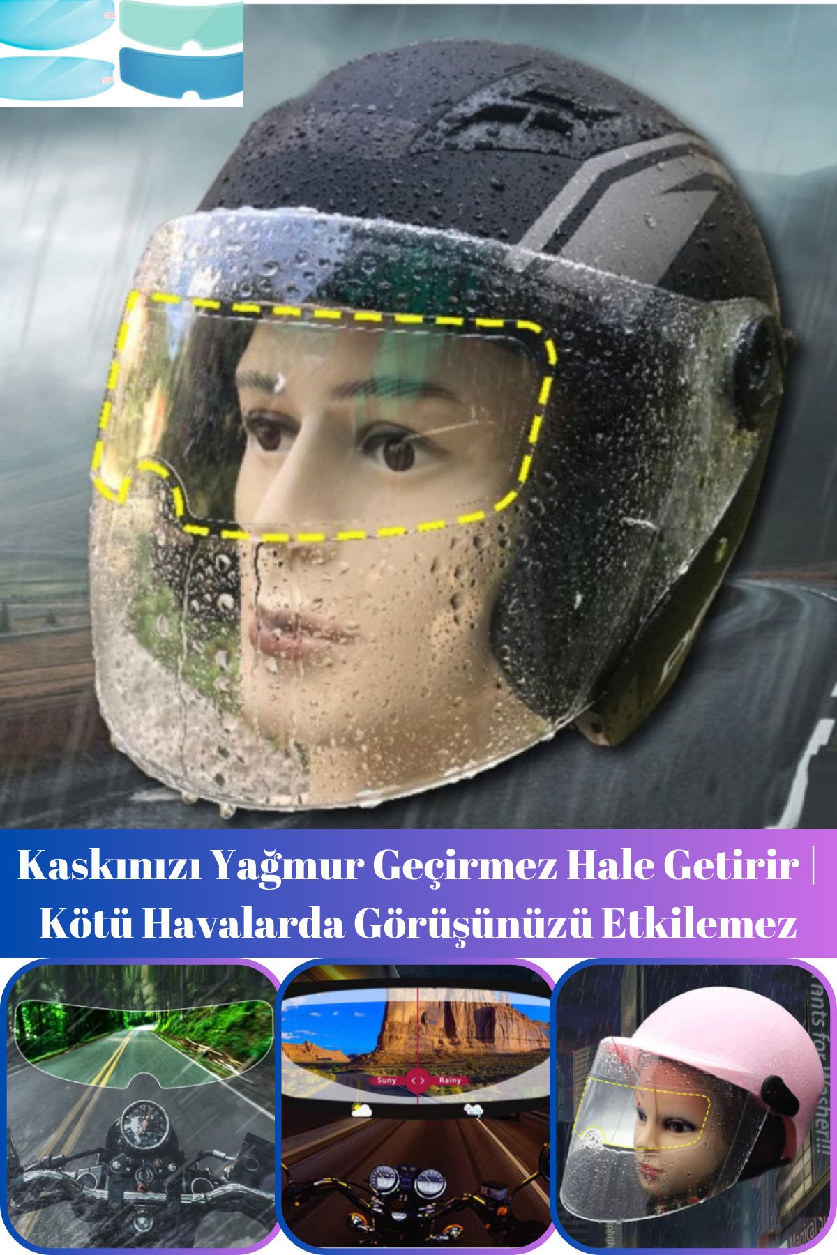 Hane Dostu Motorsiklet Anti Sis Anti Yağmur  Film Seti | 1 Adet Yağmur Kaydırıcı Film | 1 Adet Kask Temizleyici