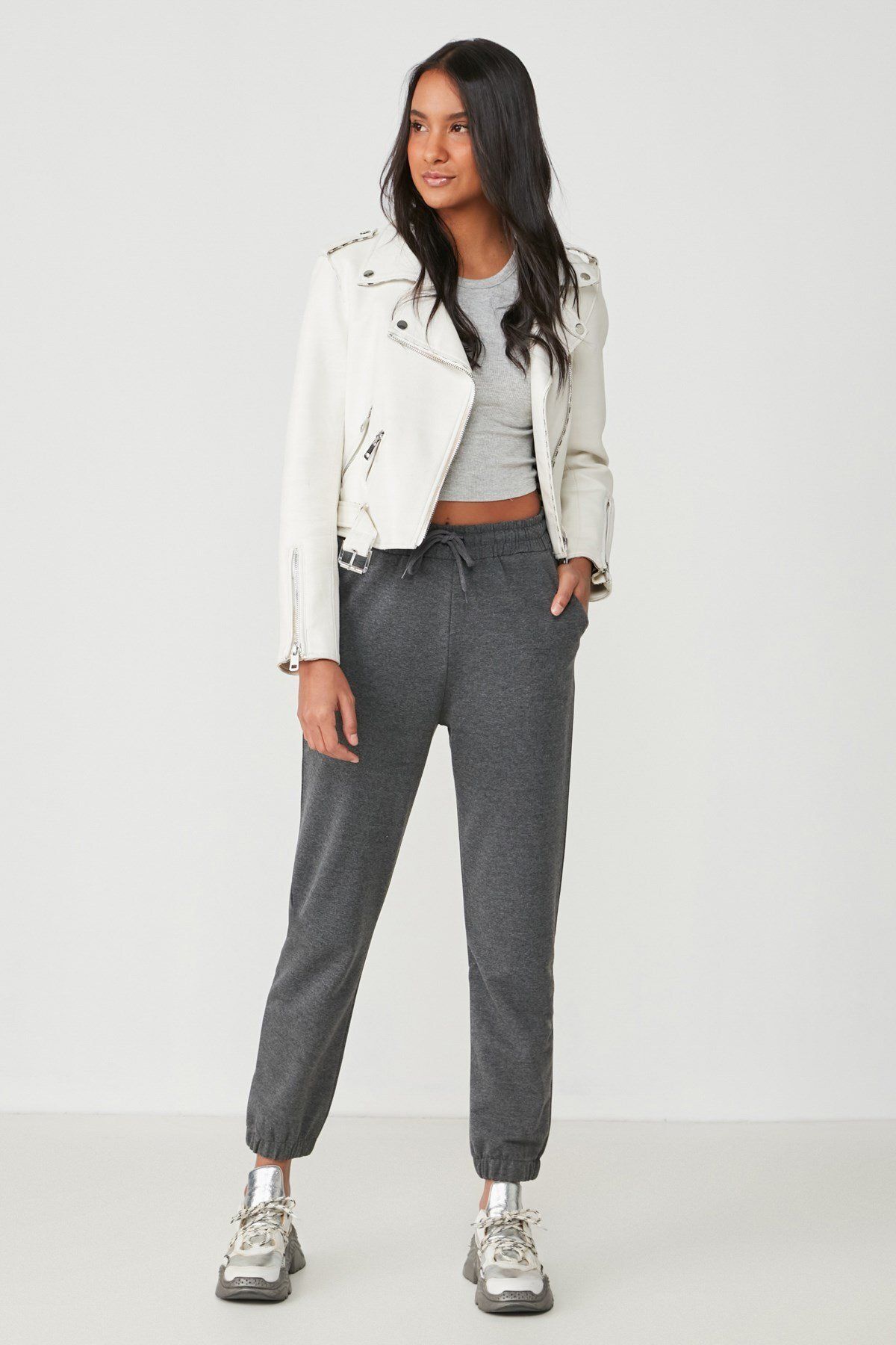 C&City Spodnie Dresowe Basic Jogger 734 Antracyt Kobieta - S