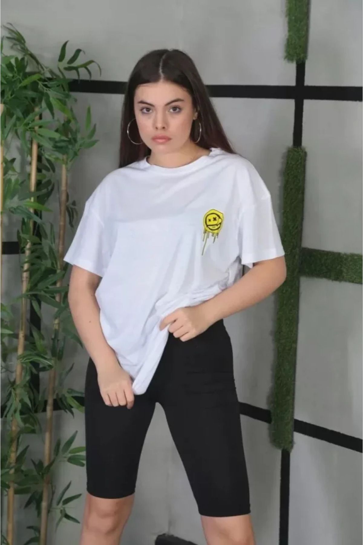 ATOM84 Unisex Bisiklet Yaka Baskılı Oversize T-Shirt - Beyaz