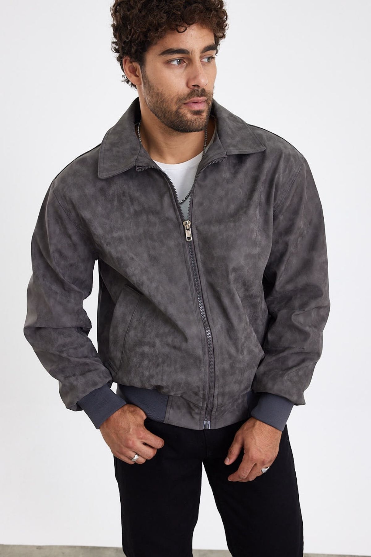 MADZEYMODA-New Season Ανδρικό πλυμένο γκρι δερμάτινο παλτό LNS58529Y 5
