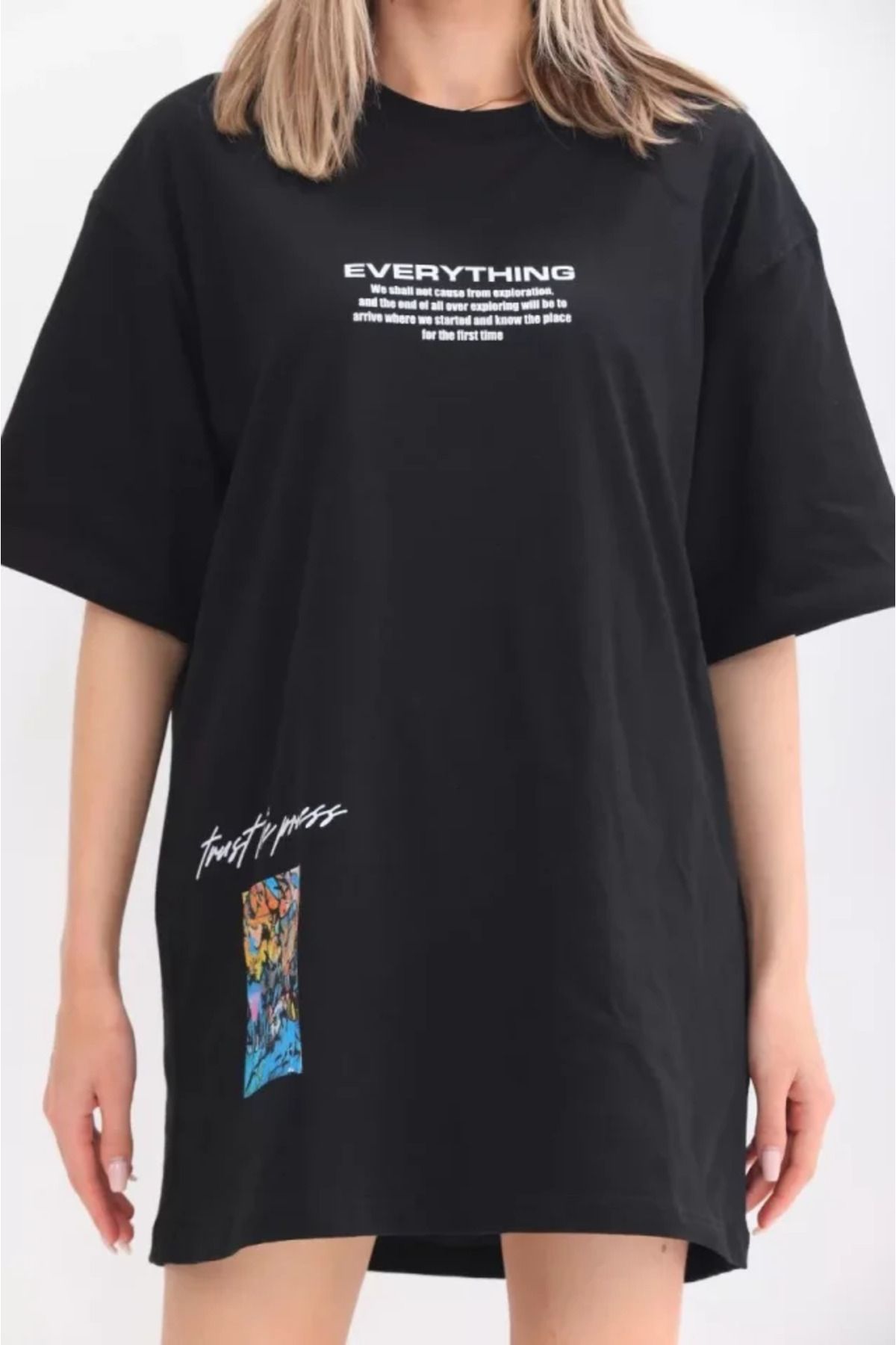 Albayrak Unisex Bisiklet Yaka Baskılı Oversize T-Shirt - Siyah