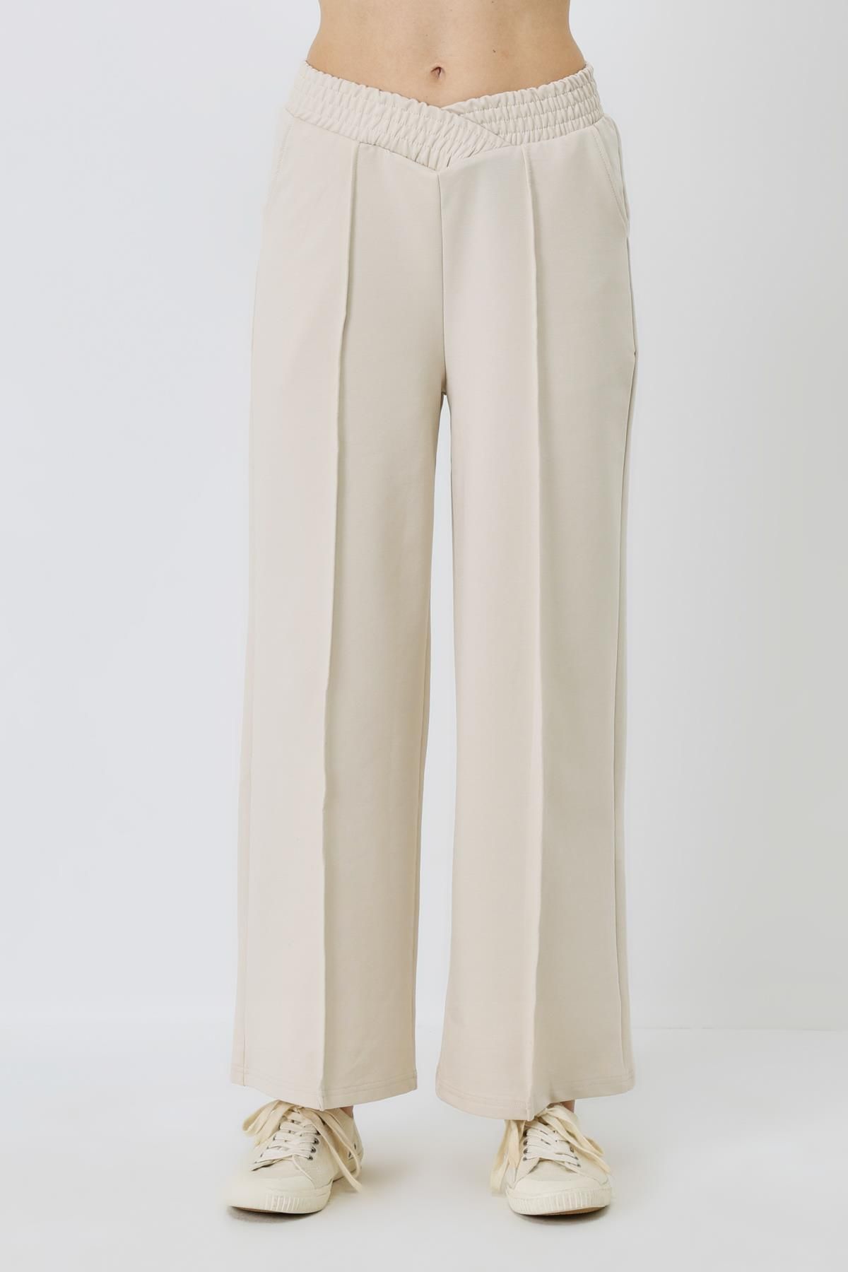 C&City-High Waist Wide Leg Women's Sweatpants 747 - Beige 3