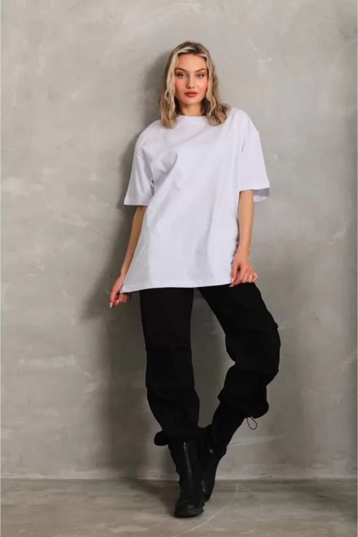 ATOM84 Unisex Bisiklet Yaka 20/1 Düz Oversize T-Shirt - Beyaz