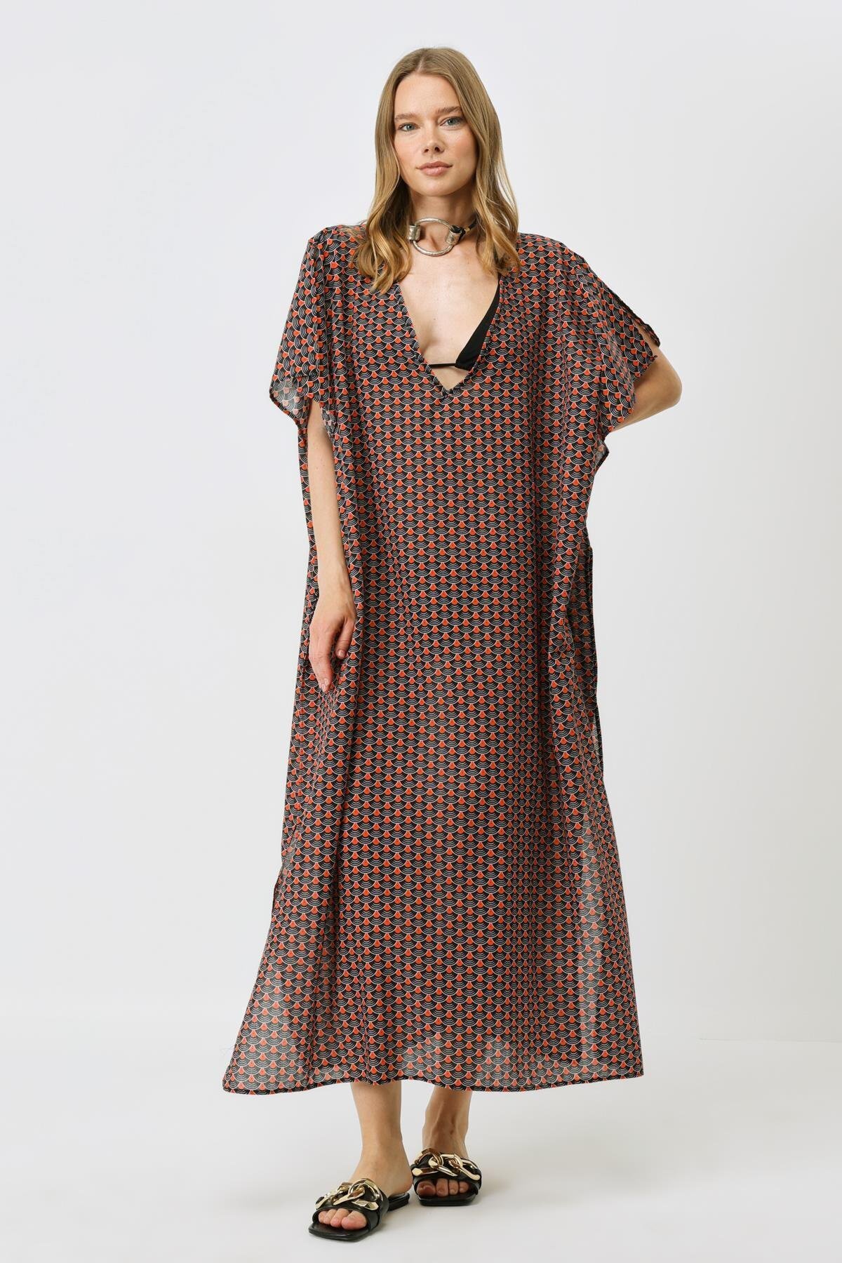 C&City-Große Größen Schwarz/Creme Pareo Strandkleid 22330 3