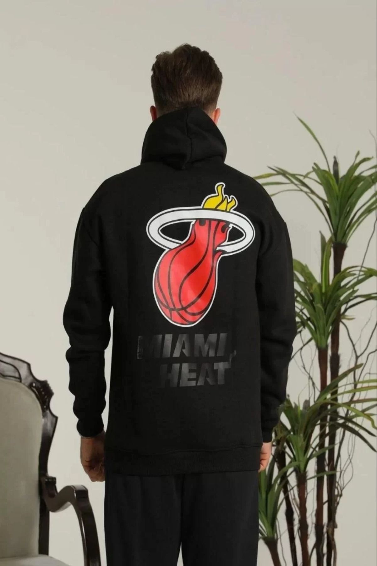 SA Alişveriş Dünyam Erkek Sırt Baskılı Oversize Üç İplik Kapüşonlu Sweatshirt - Siyah