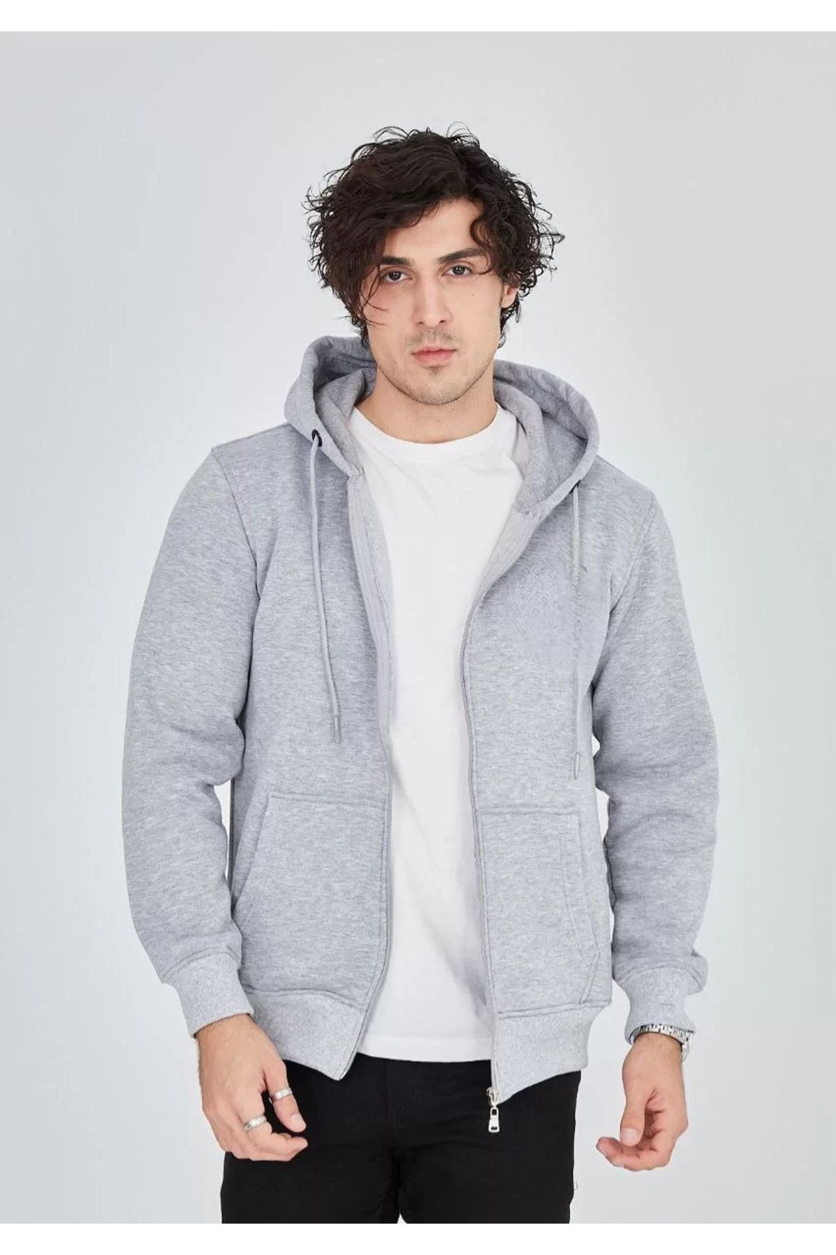 SA Alişveriş Dünyam Unisex Tam Fermuarlı Kapşonlu SweatShirt - Gri