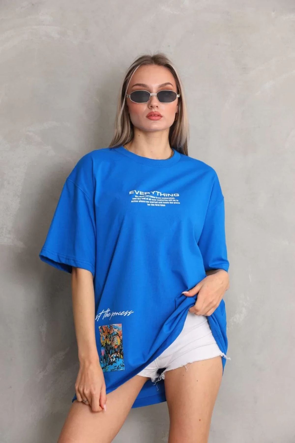 ONZEMU Unisex Bisiklet Yaka Baskılı Oversize T-Shirt - Mavi