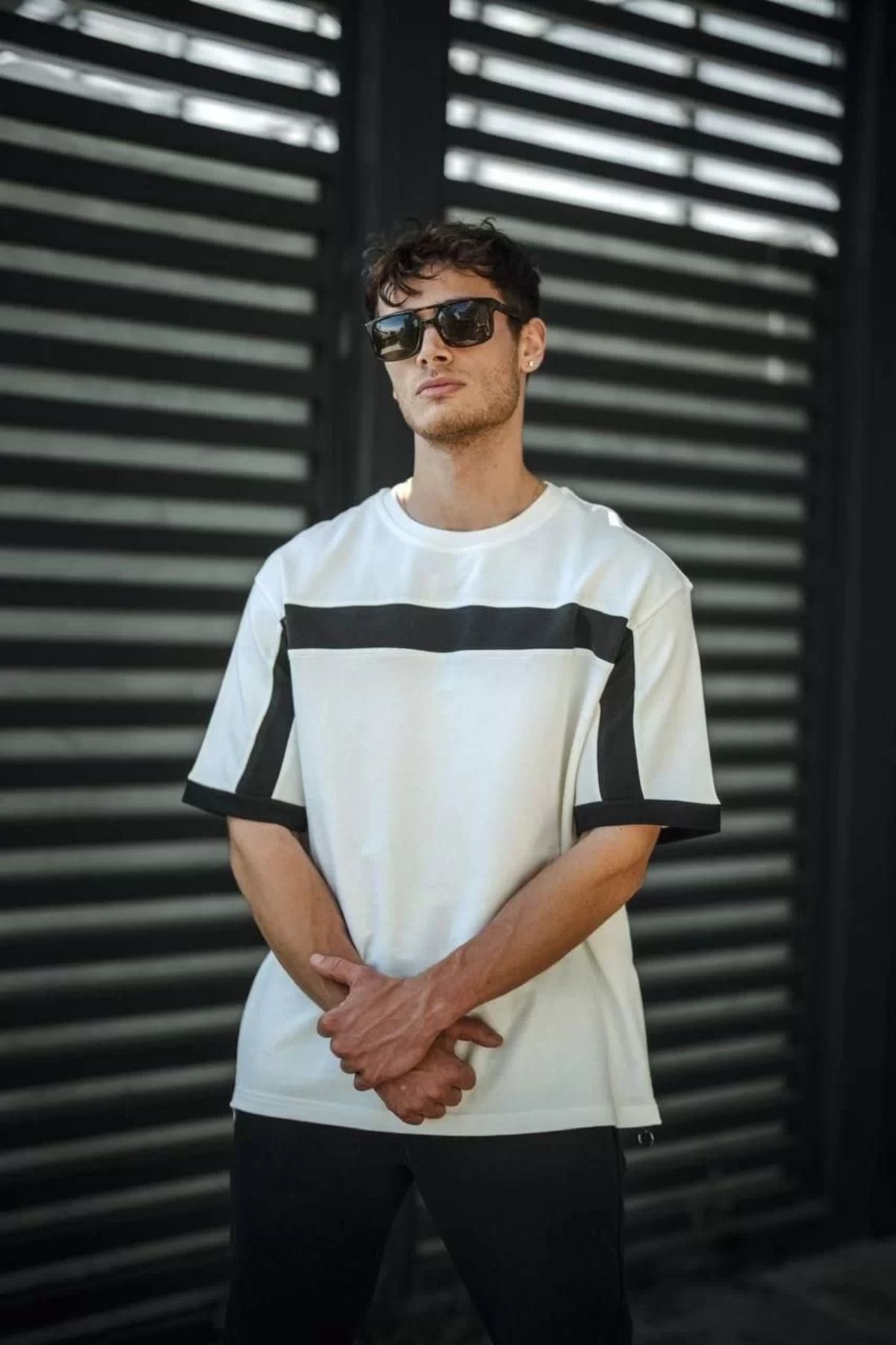 C&Z Collection Unisex Yandan Fermuarlı Parçalı T-Shirt - Beyaz