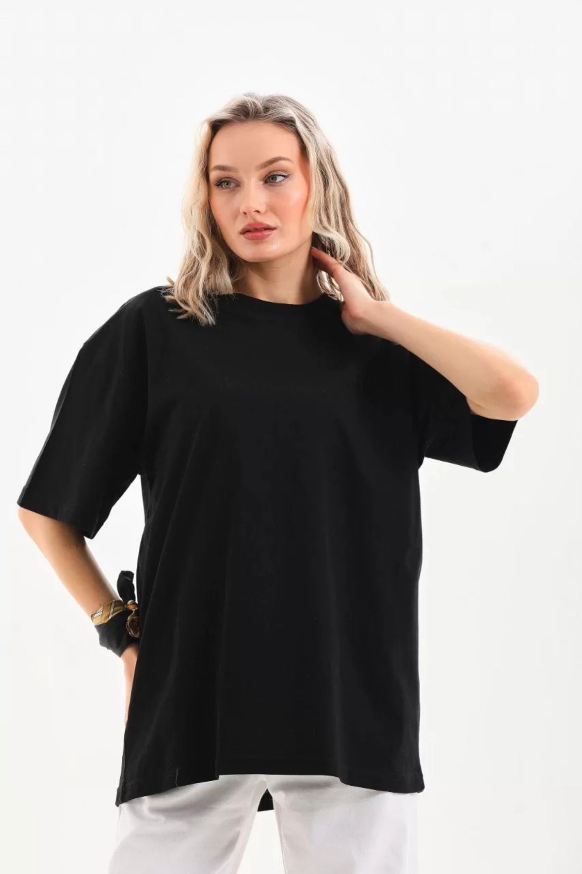 ONZEMU Unisex Bisiklet Yaka Düz Oversize T-Shirt - Siyah