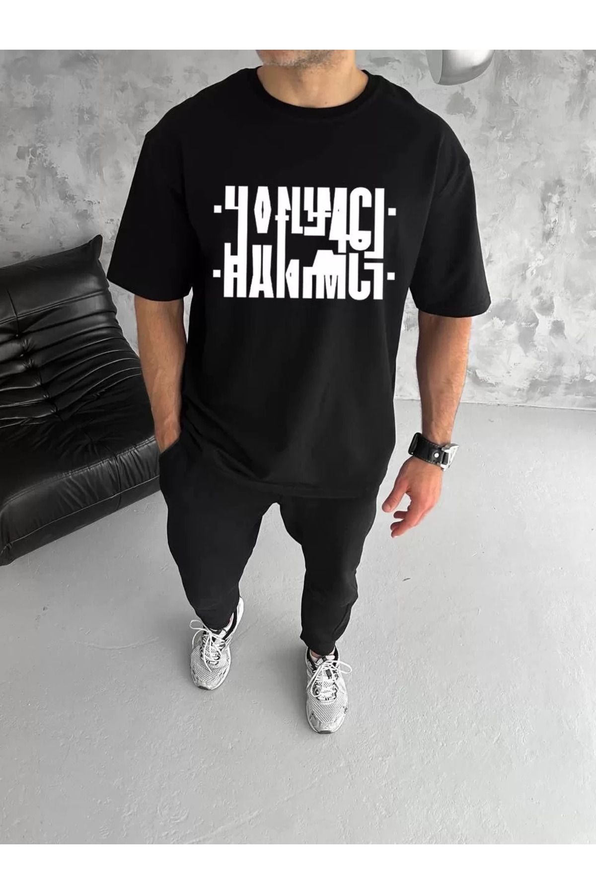 SA Alişveriş Dünyam Unisex Bisiklet Yaka Katlanan Baskılı T-Shirt - Siyah