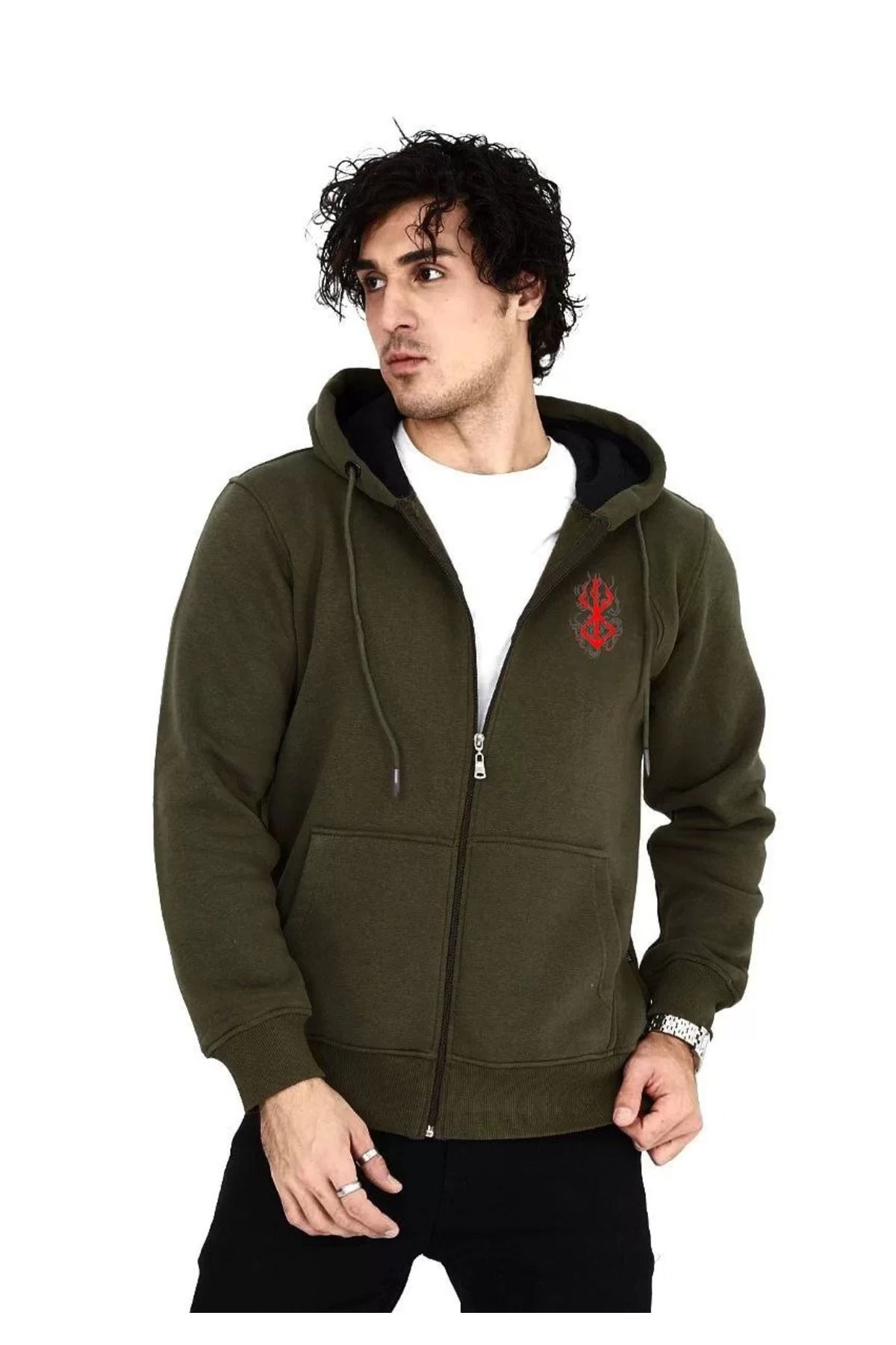 SA Alişveriş Dünyam Unisex Baskılı Tam Fermuarlı Kapşonlu SweatShirt - Haki