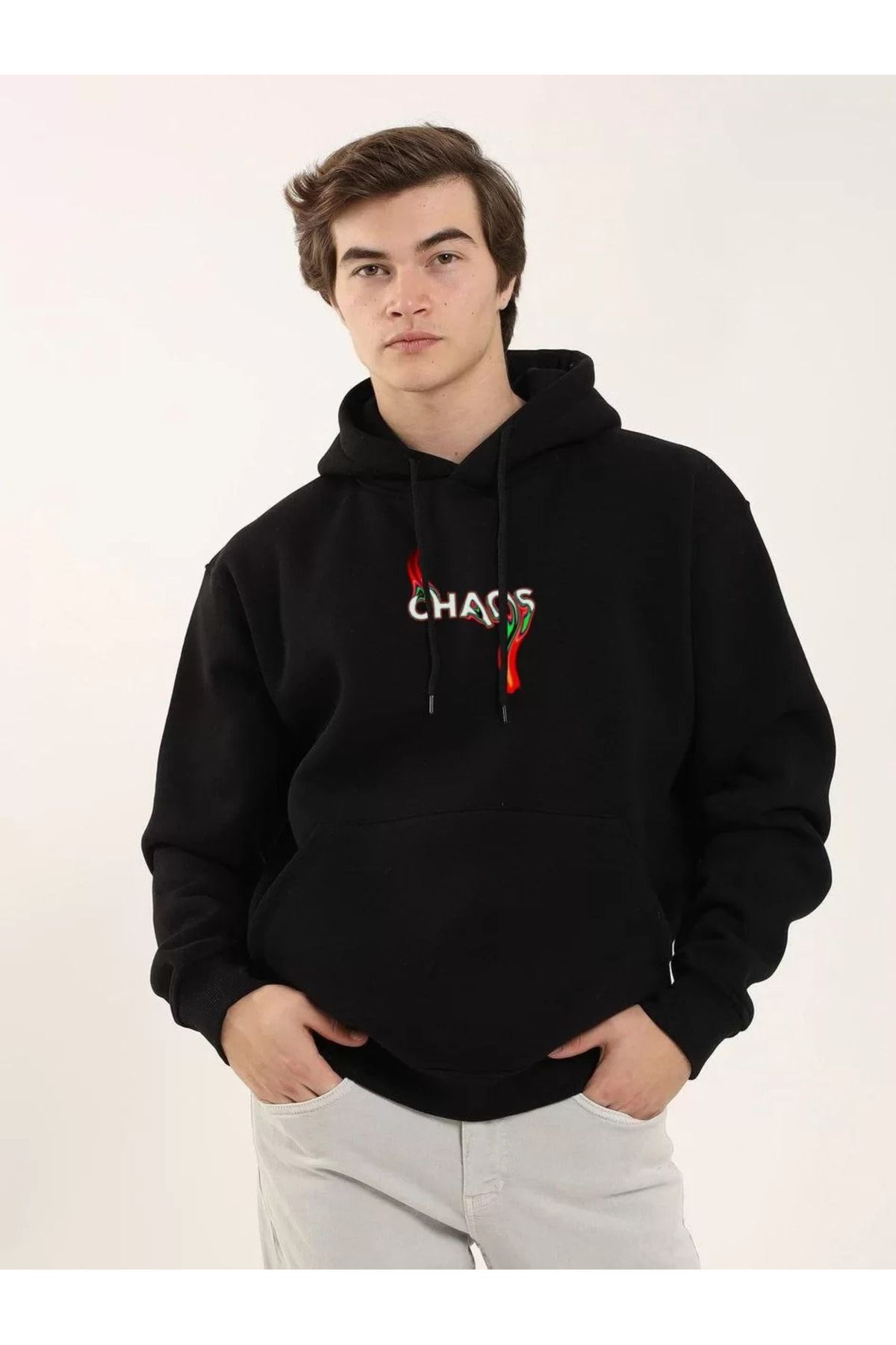 SA Alişveriş Dünyam Unisex Baskılı Oversize Üç İplik Kapüşonlu Sweatshirt - Siyah