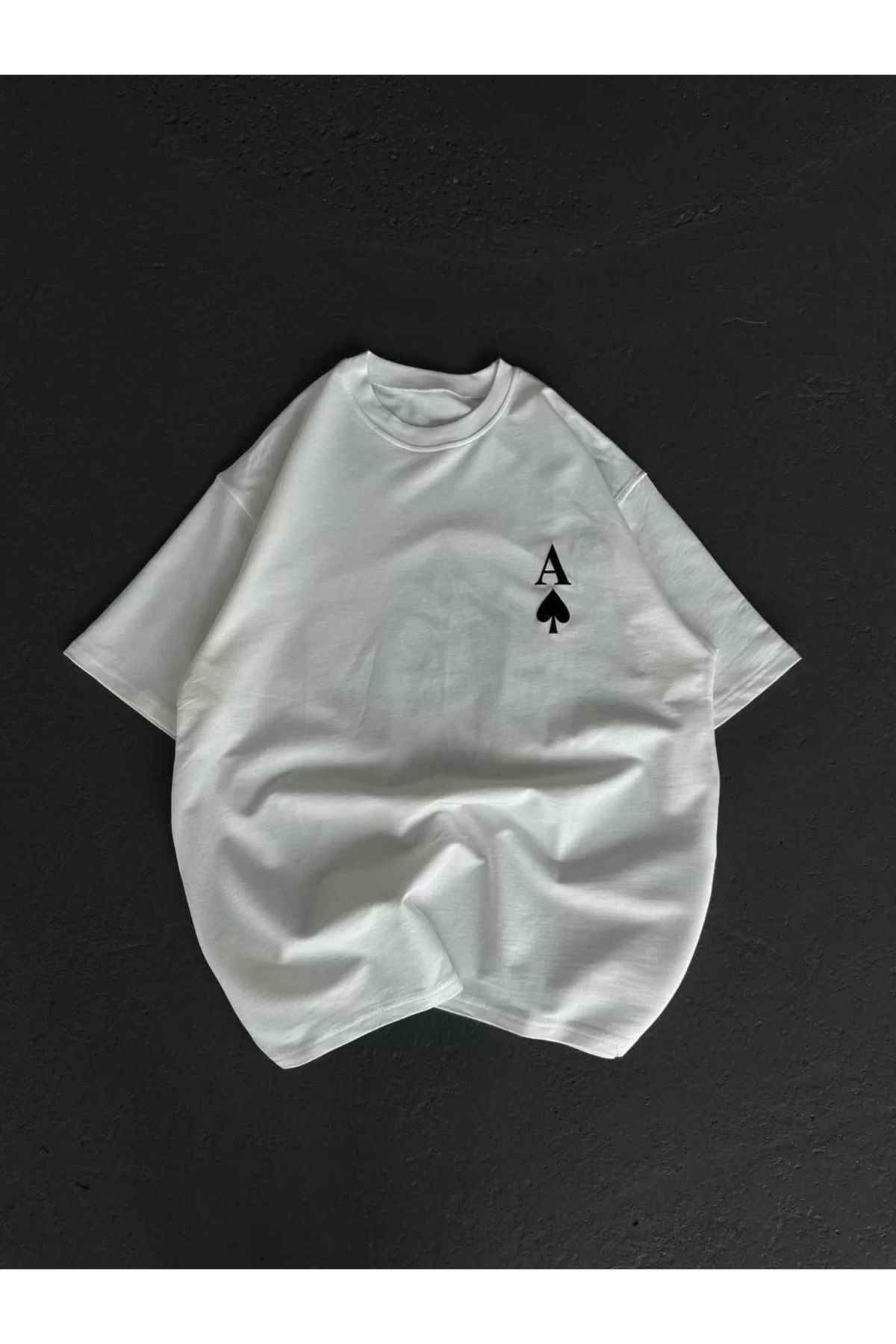 SA Alişveriş Dünyam Unisex Bisiklet Yaka Baskılı Oversize T-Shirt - Beyaz