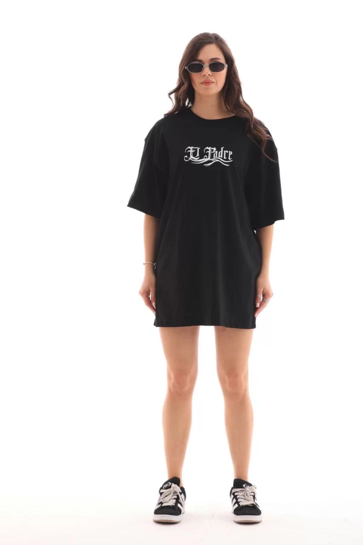 ONZEMU Unisex Bisiklet Yaka Baskılı Oversize T-Shirt - Siyah