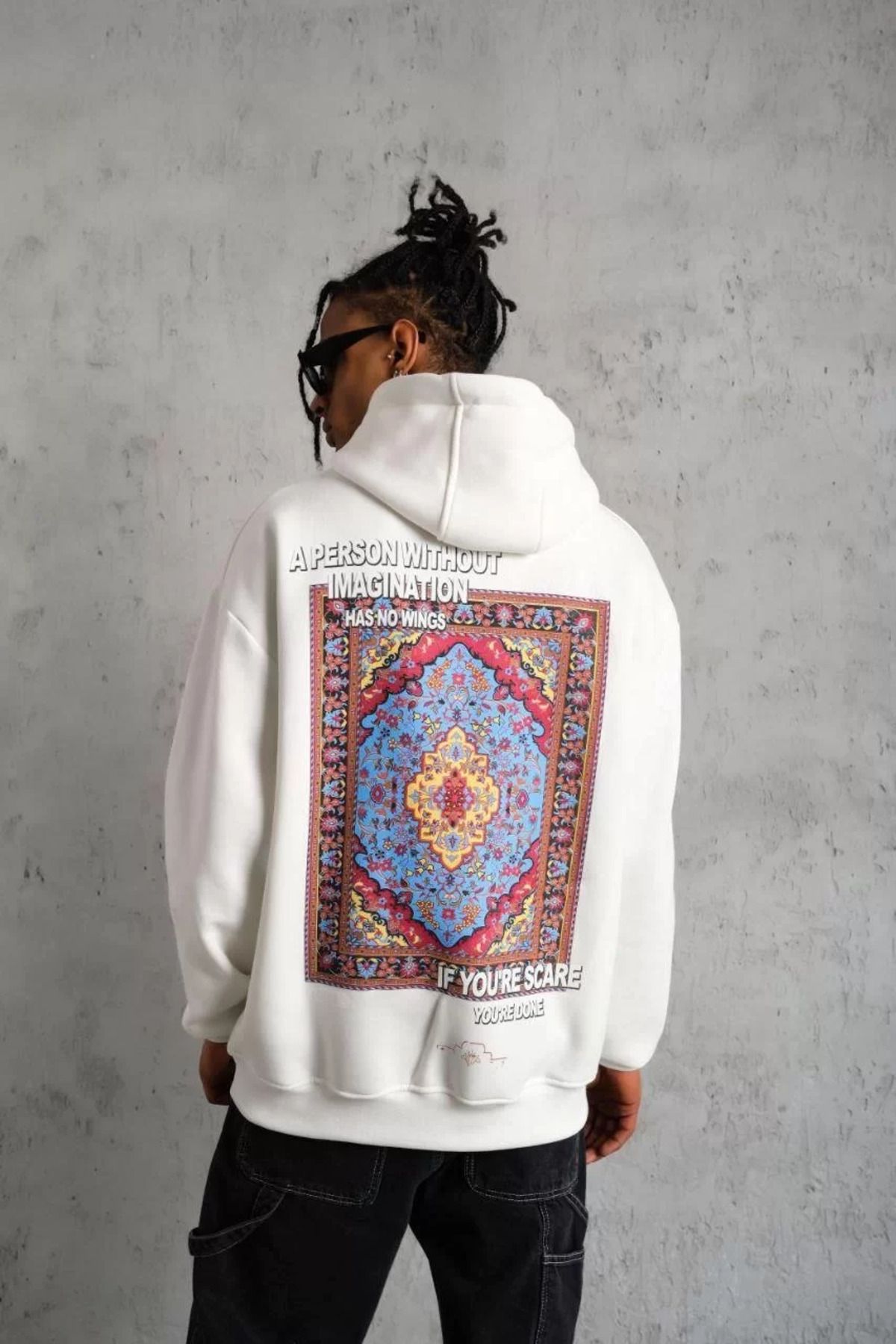SA Alişveriş Dünyam Erkek Kilim Desen Kapüşonlu Sweat- Beyaz