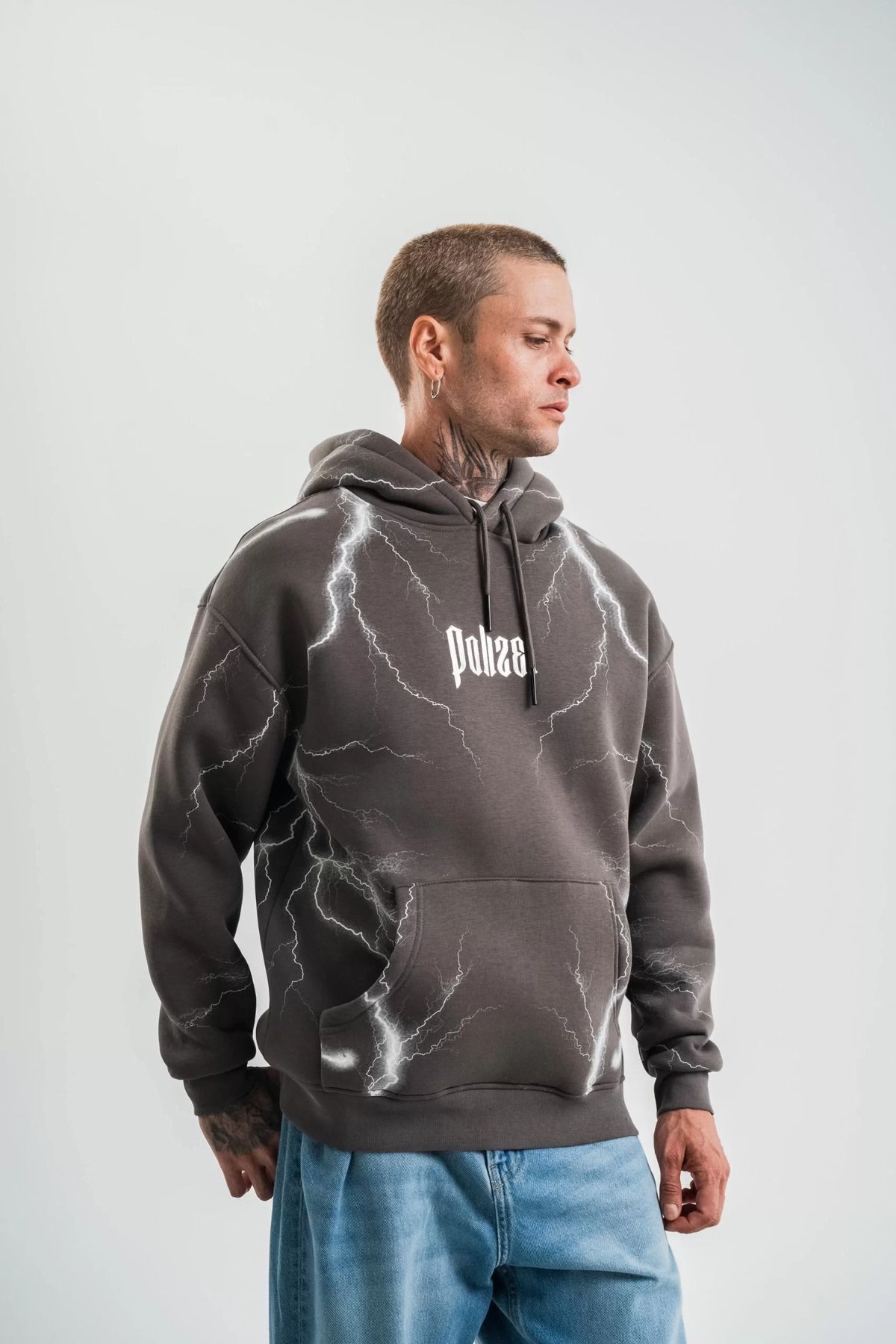 SA Alişveriş Dünyam Double Oversize Kapşonlu Şimşek Pano Baskılı SweatShirt - Füme