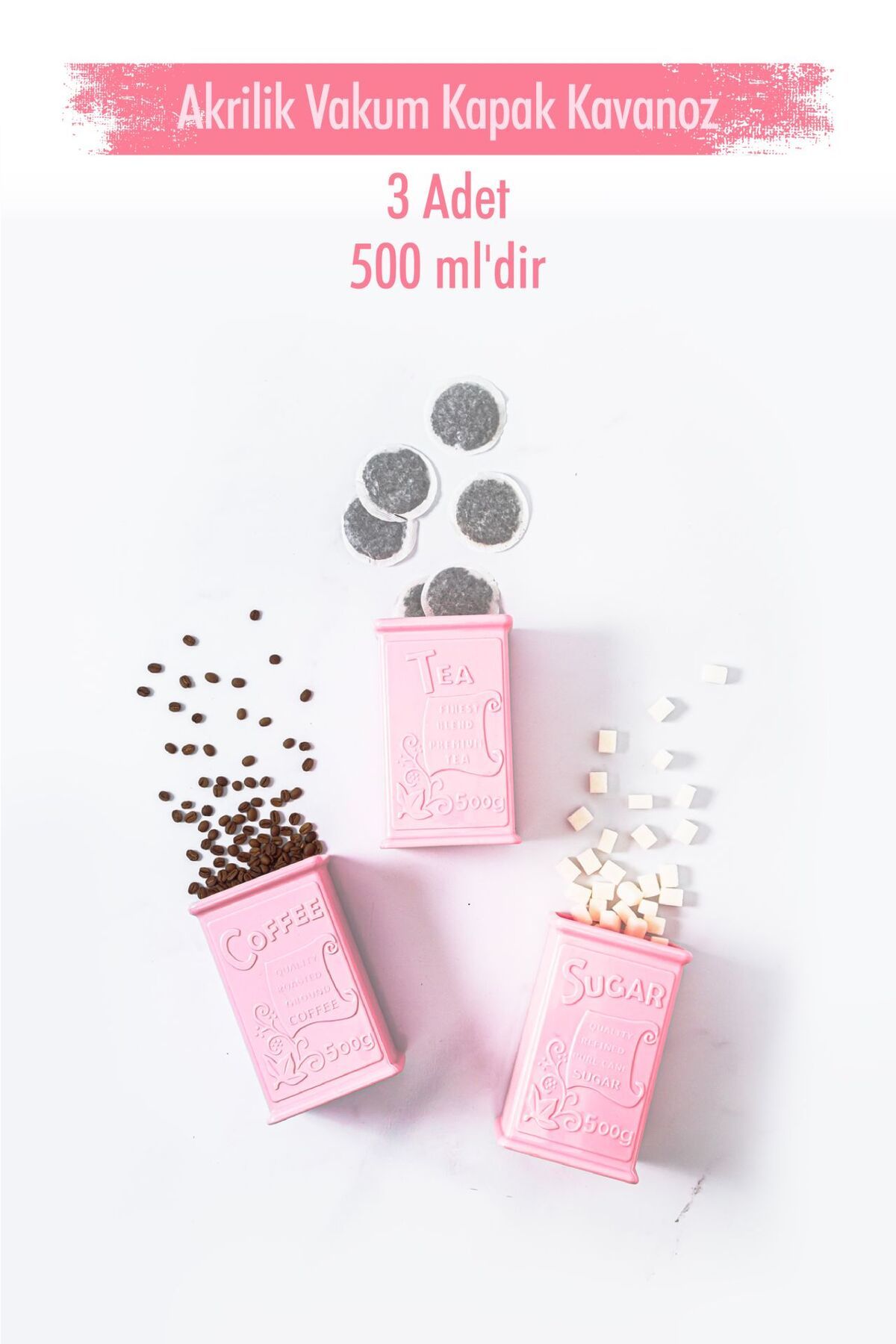 Robinanka Akrilik Soft Pembe Şeker Kahve Çay Kavanozu 500 Ml (Vakum Kapak )